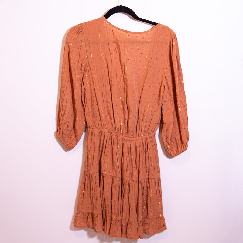 L*Space Stay Golden Twist Knot Tie Front Tiered Pullover Mini Dress Challis Gold