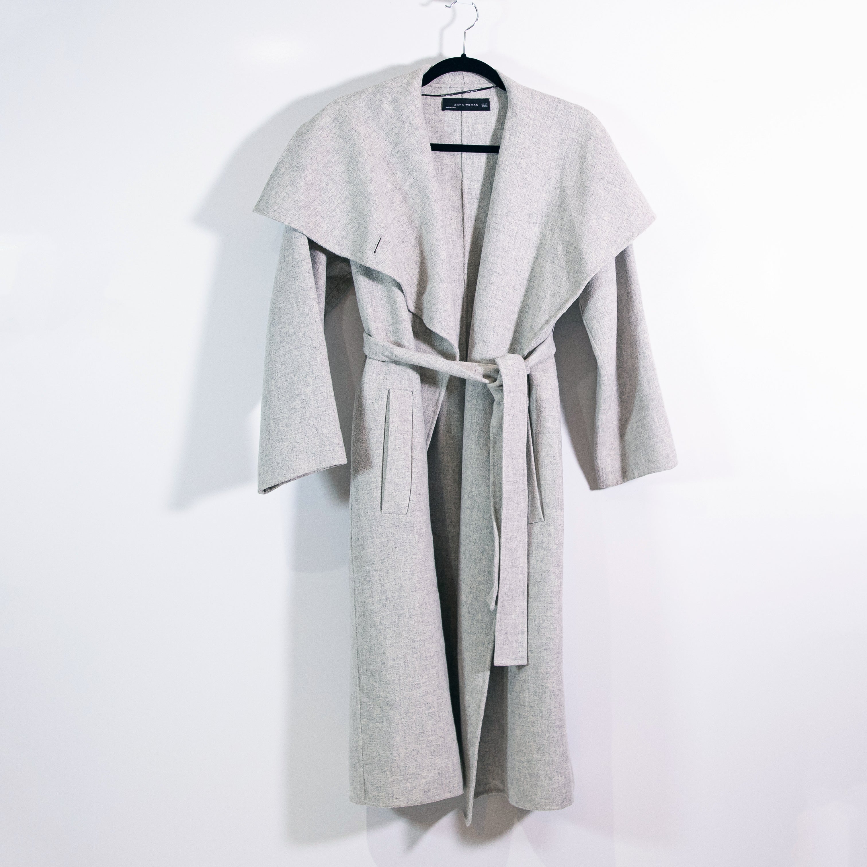 Zara Wool Blend Felt Spread Wide Collar Belted Coat Jacket Gray XS