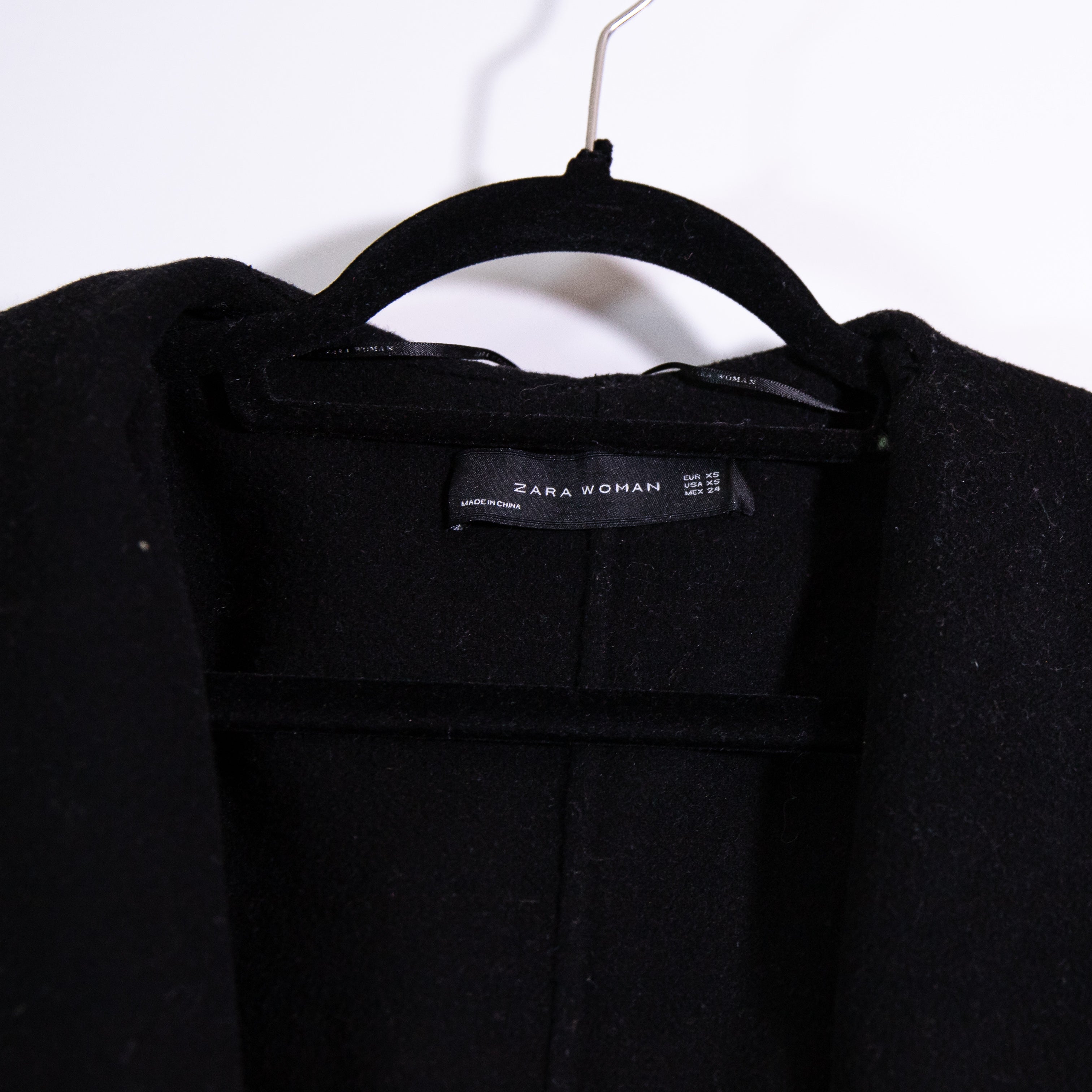 Zara Wool Blend Felt Open Front Hooded Belted Coat Jacket Solid Black XS