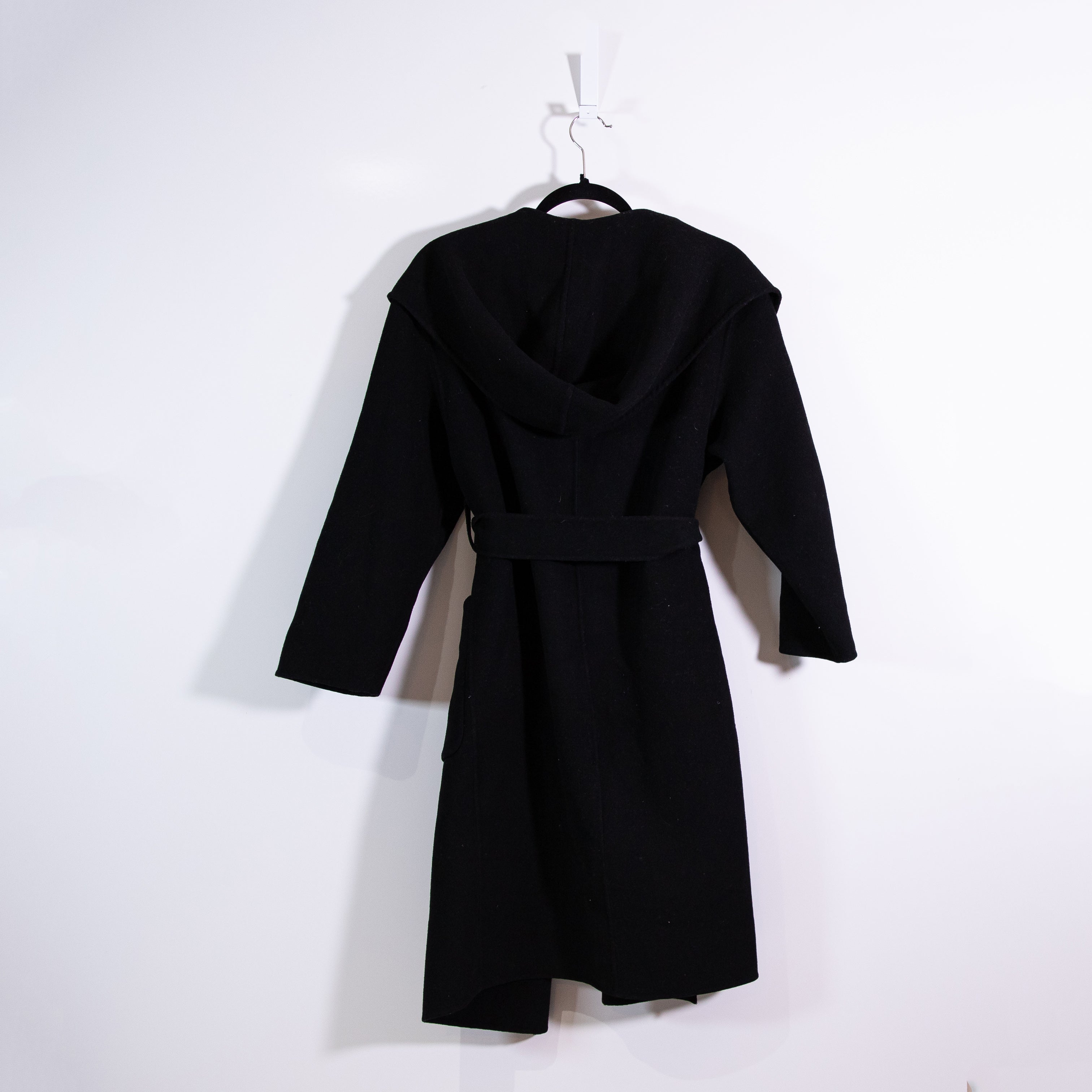 Zara Wool Blend Felt Open Front Hooded Belted Coat Jacket Solid Black XS