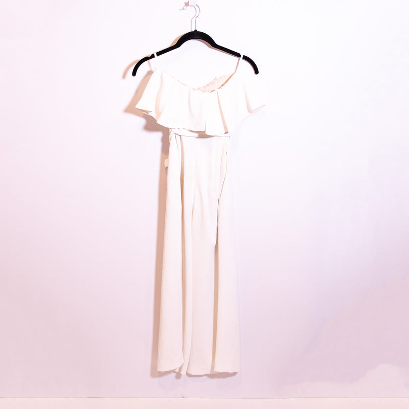 Babaton Aritzia Altamiro Strapless Ruffle Straight Leg Ankle Crop Jumpsuit Ivory