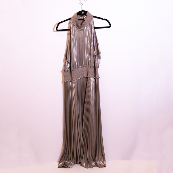 A.L.C. Kravitz Metallic Gold Smocked High Neck Sleeveless Accordion Pleat Dress