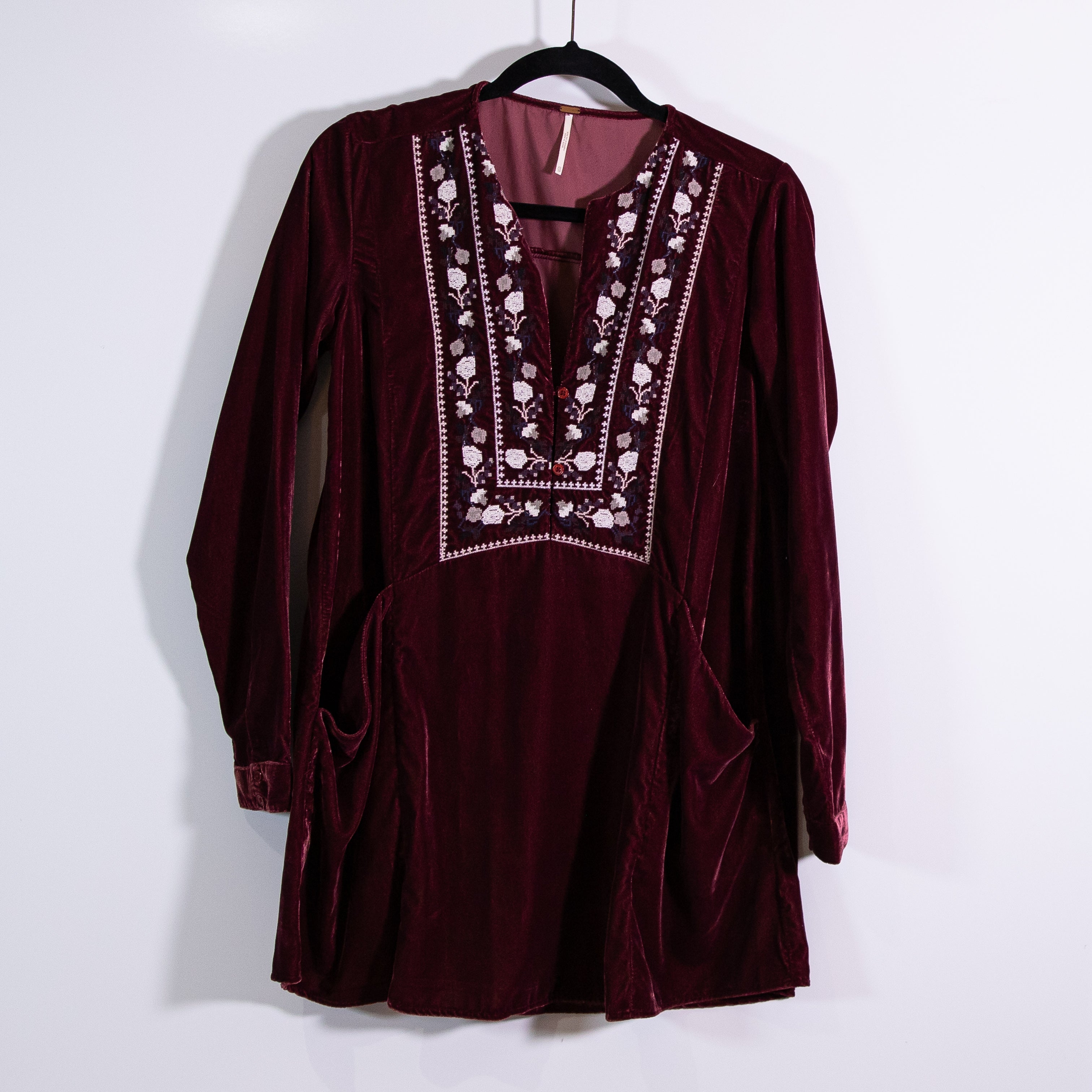 Free People Always Forever Velvet Velour Floral Flower Embroidered Tunic Dress