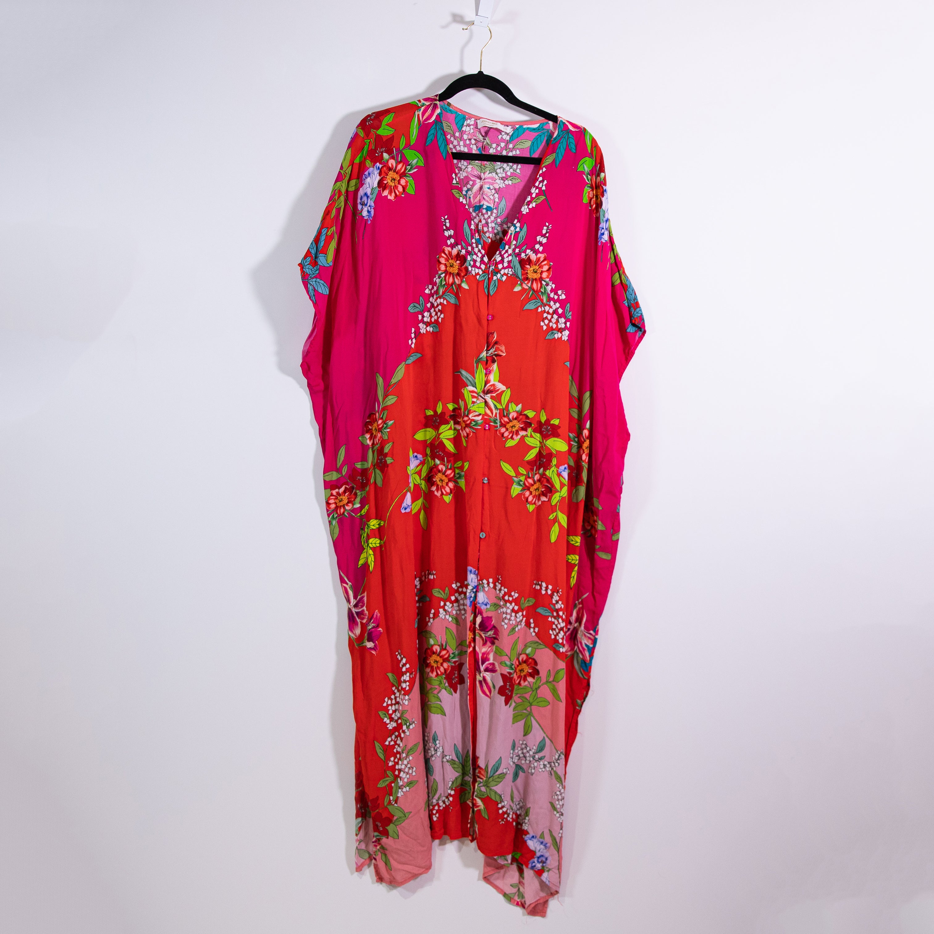 Johnny Was Nanya V Neck Oversized Floral Print Pattern Maxi Kaftan In Red Blush