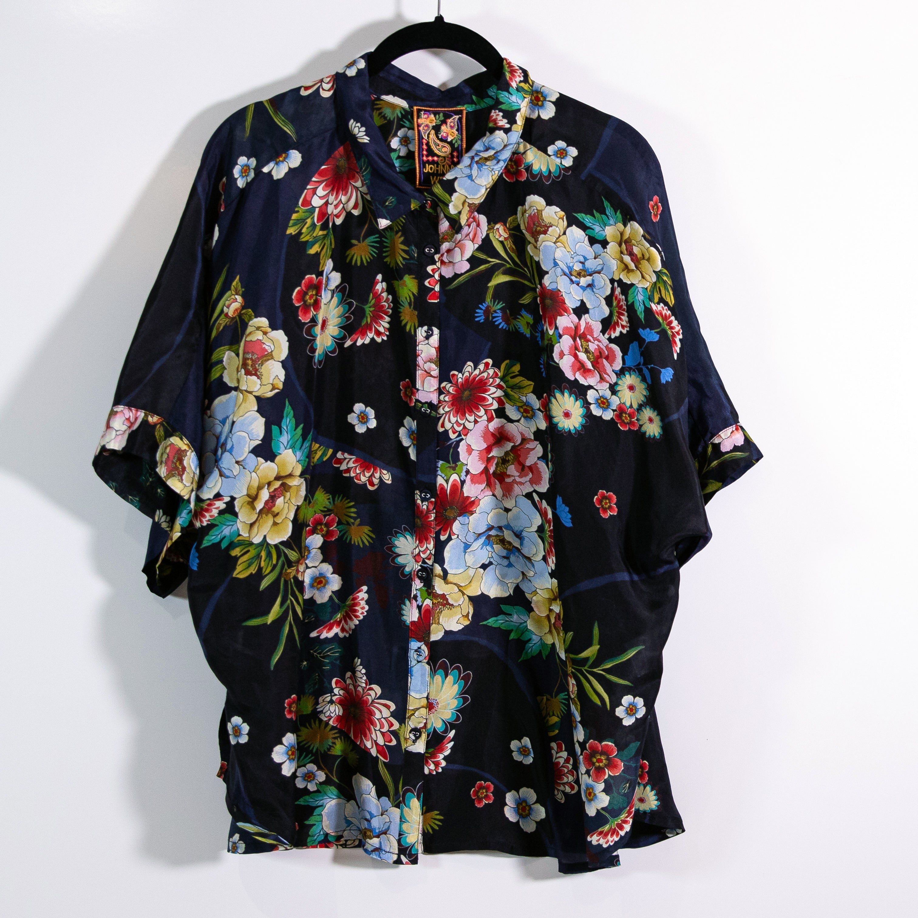 Johnny Was The Audrey Silk Satin Chiffon Advestia Floral Short Sleeve Shirt XL