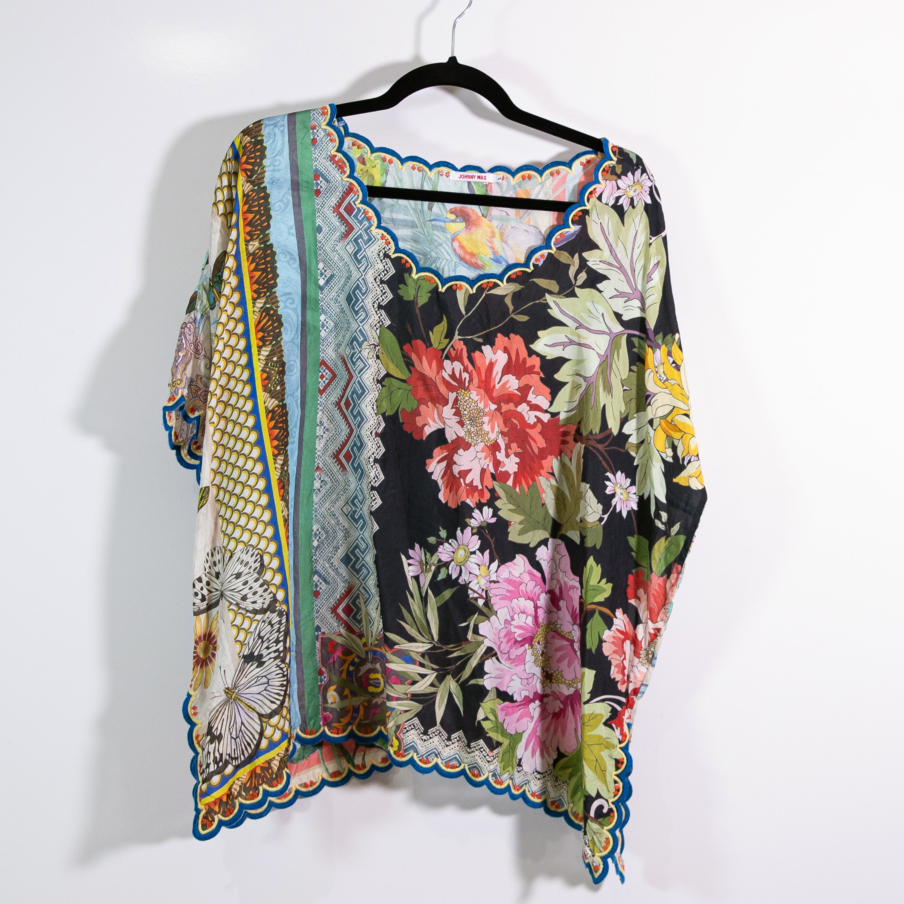 Johnny Was Loden Floral Flower Print Pattern Silk Chiffon Scallop Hem Blouse L