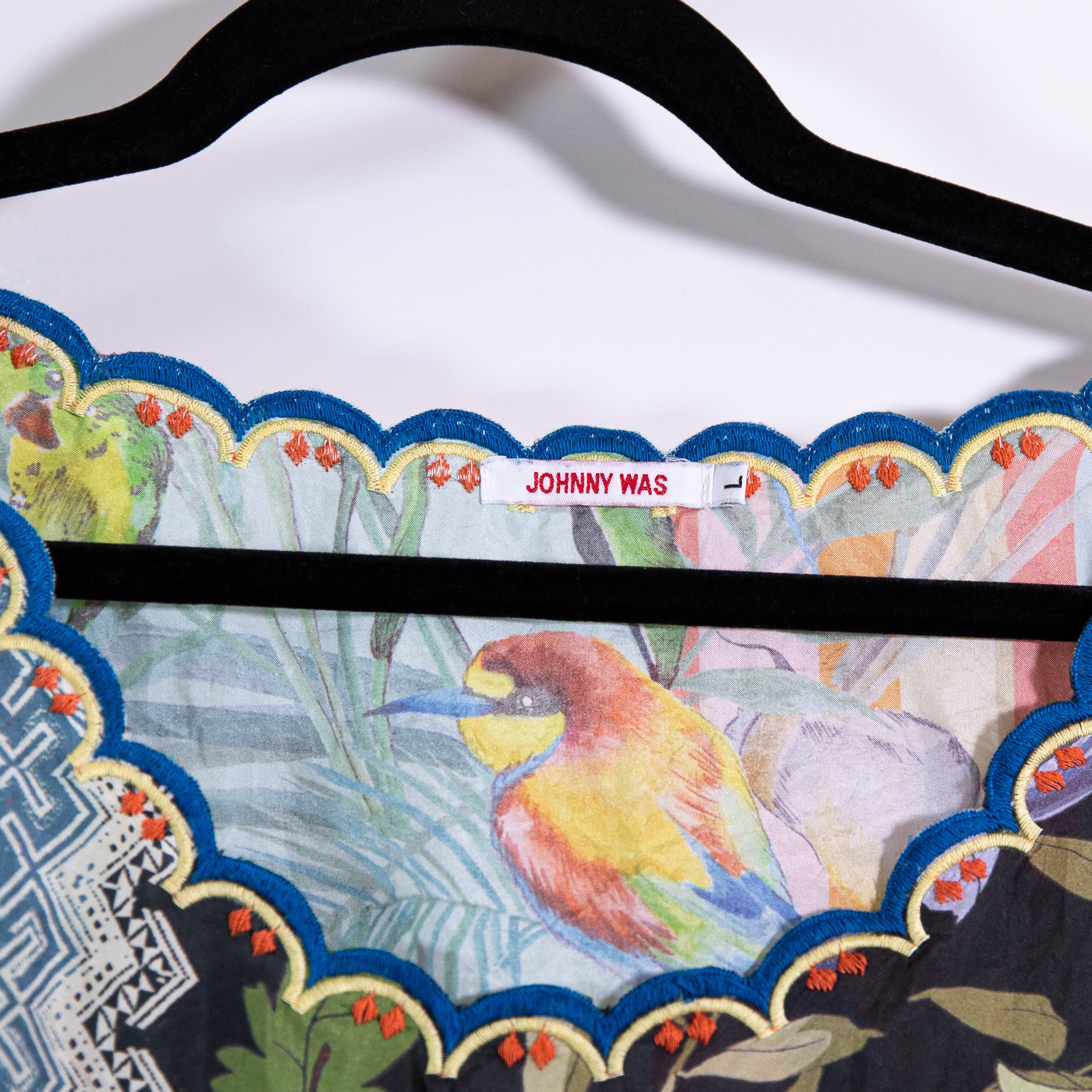 Johnny Was Loden Floral Flower Print Pattern Silk Chiffon Scallop Hem Blouse L