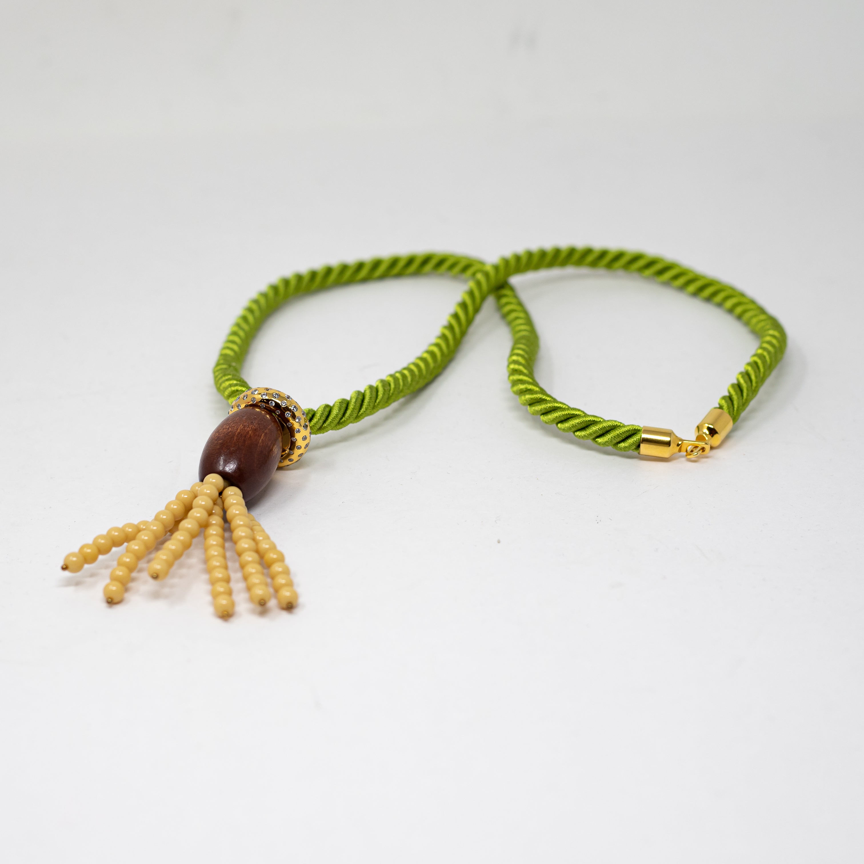 Timeless Pearly Wood Stone Crystal Jewel Rhinestone Braided Rope Necklace