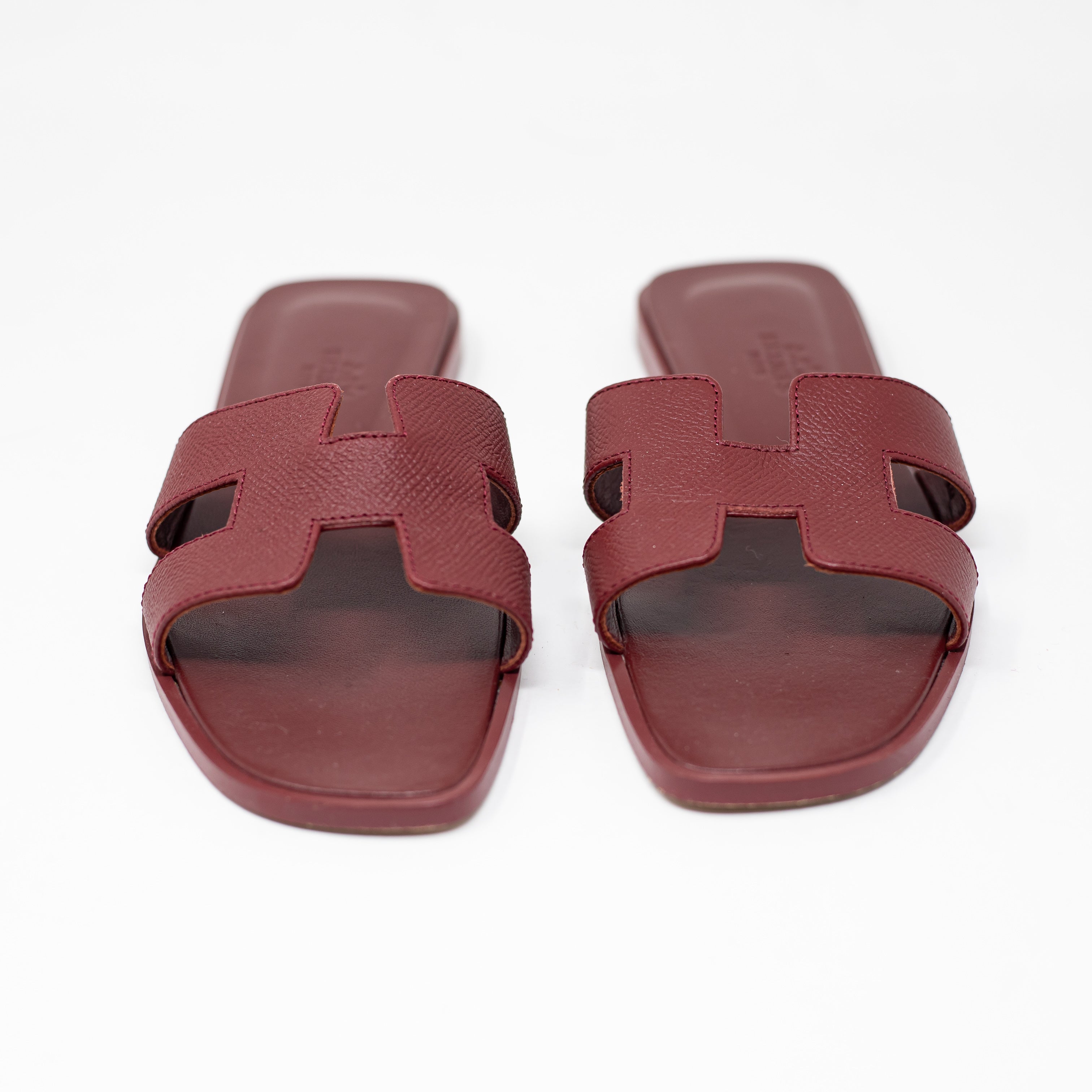Hermes Women's Oran Genuine Leather H Logo Open Toe Flat Sandals Shoes Rouge Red
