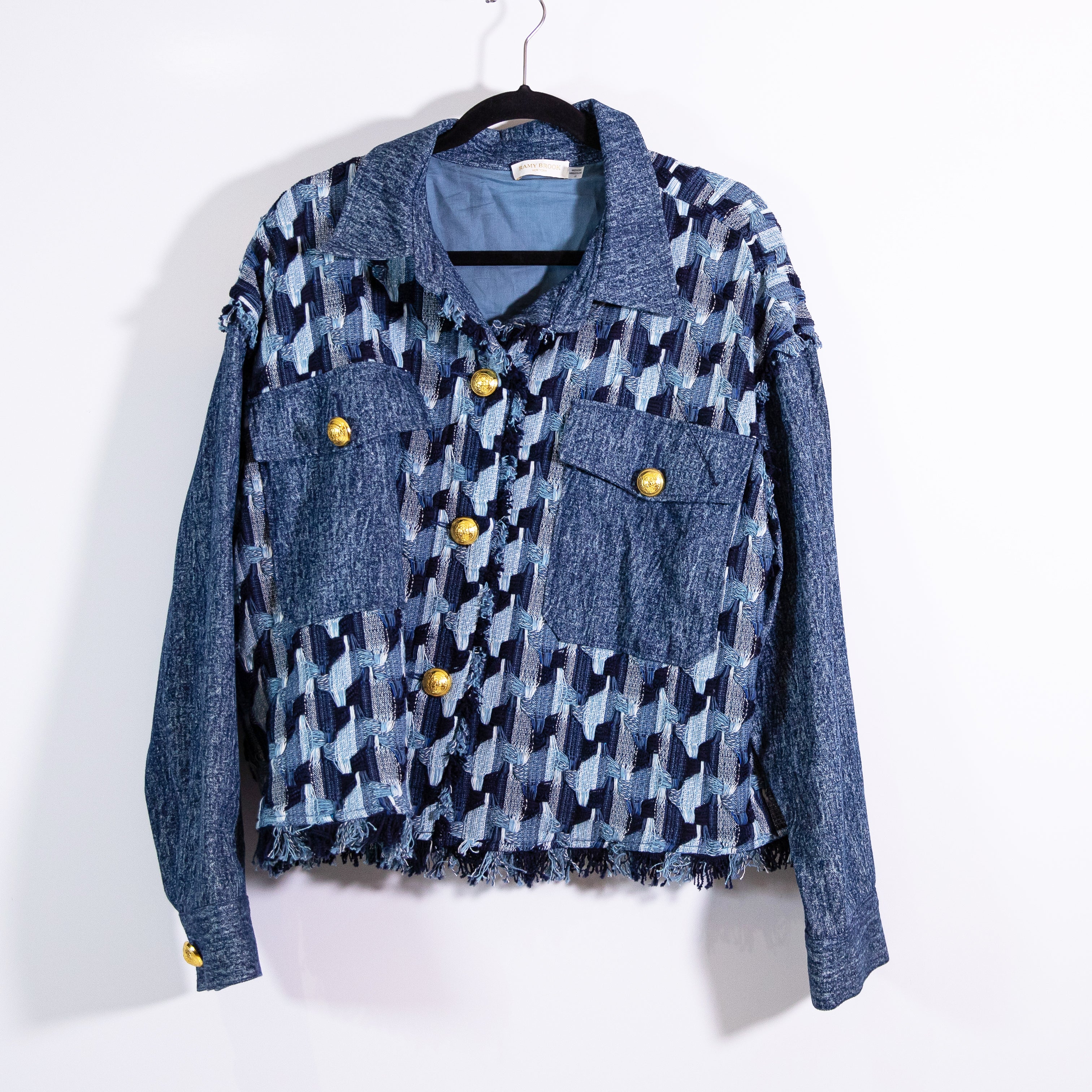 Ramy Brook Blossom Cotton Blend Woven Jacquard Textured Denim Jean Jacket Indigo