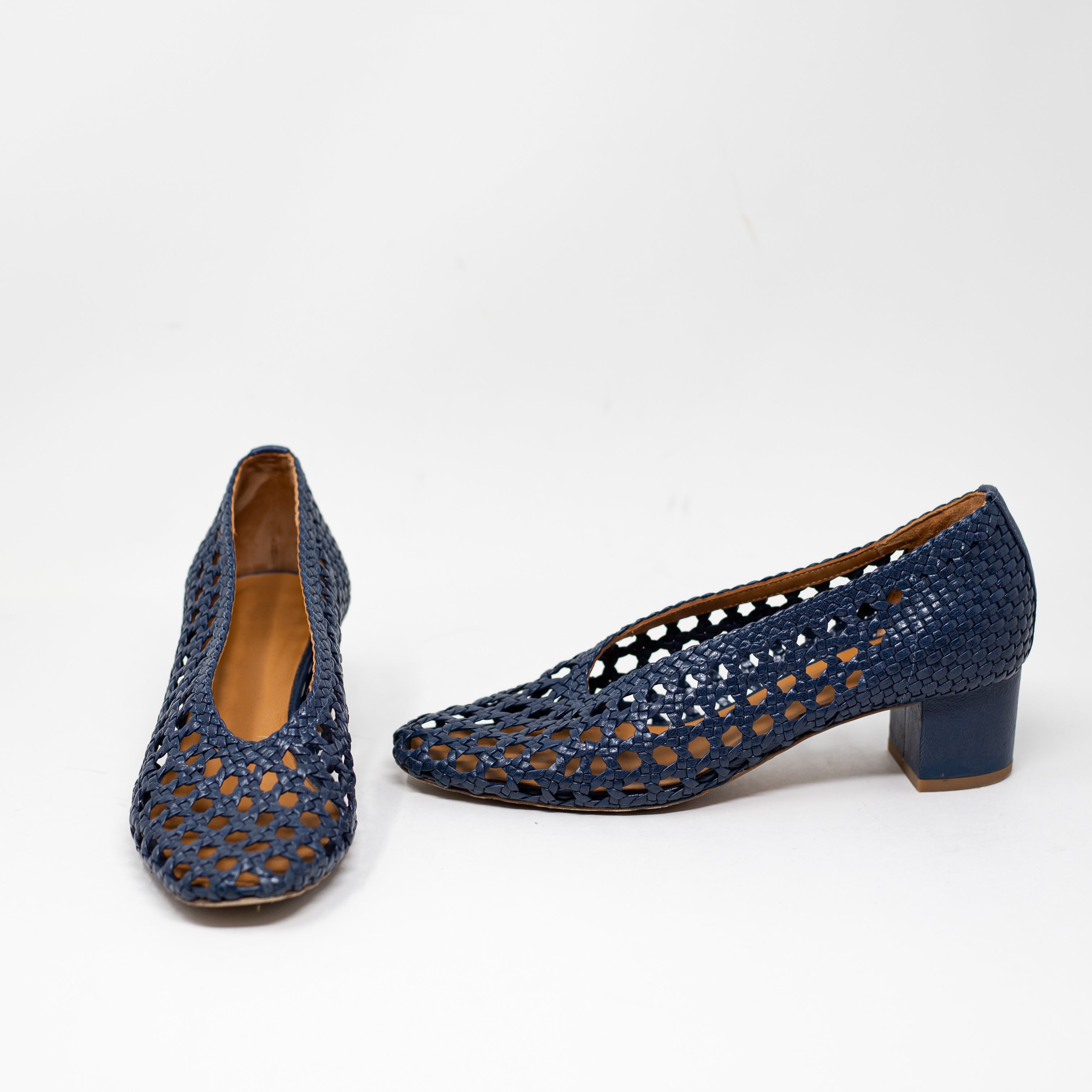 Sezane Anya Genuine Leather Crochet Woven Block High Heels Shoes Navy Blue 7
