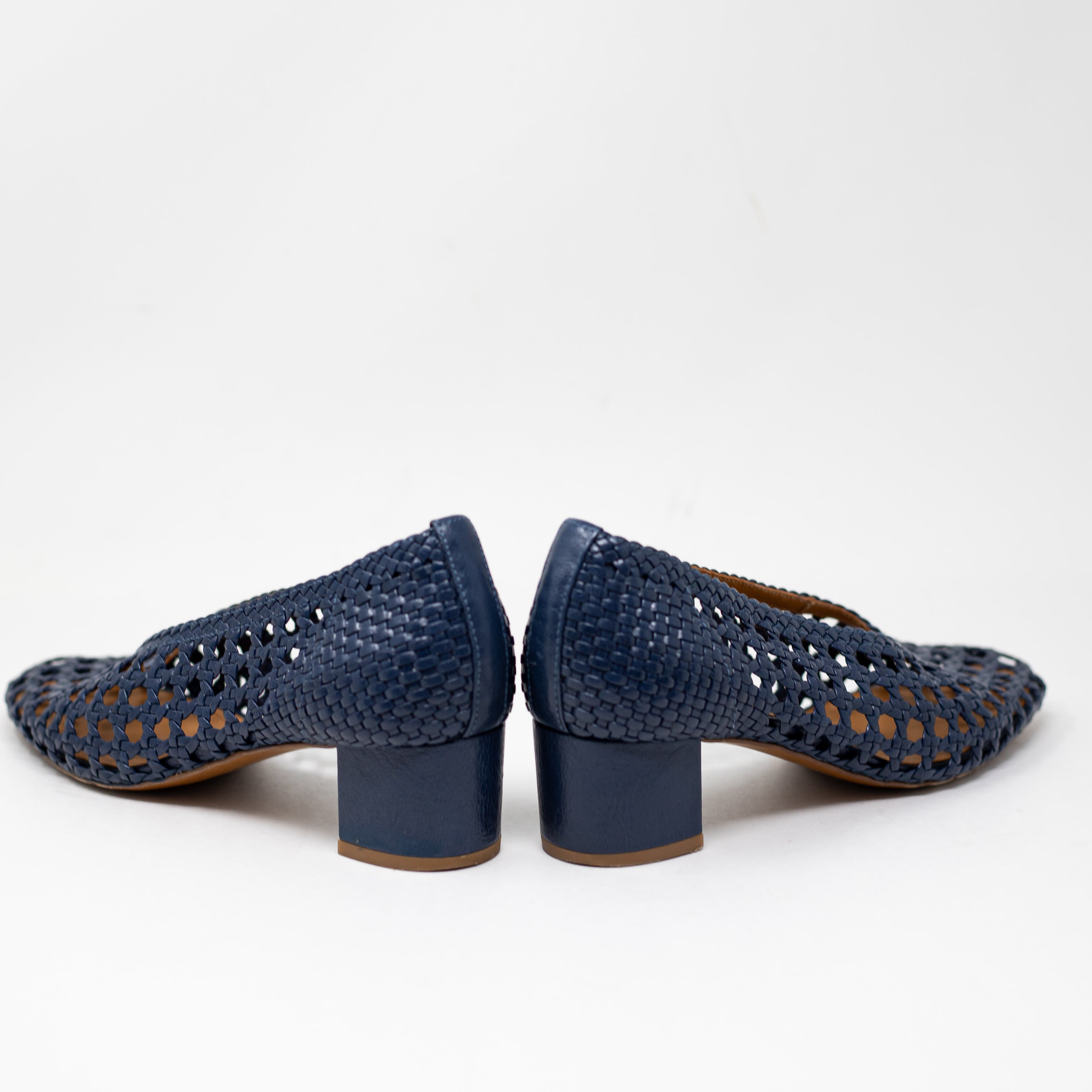 Sezane Anya Genuine Leather Crochet Woven Block High Heels Shoes Navy Blue 7