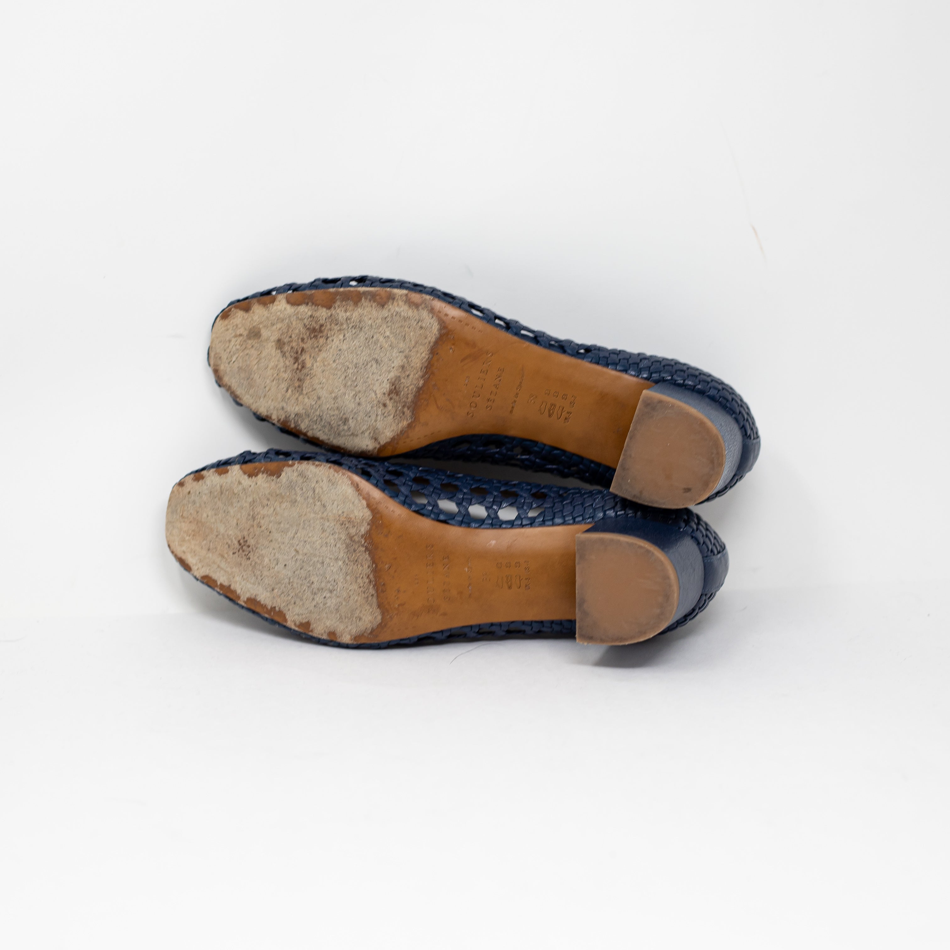 Sezane Anya Genuine Leather Crochet Woven Block High Heels Shoes Navy Blue 7