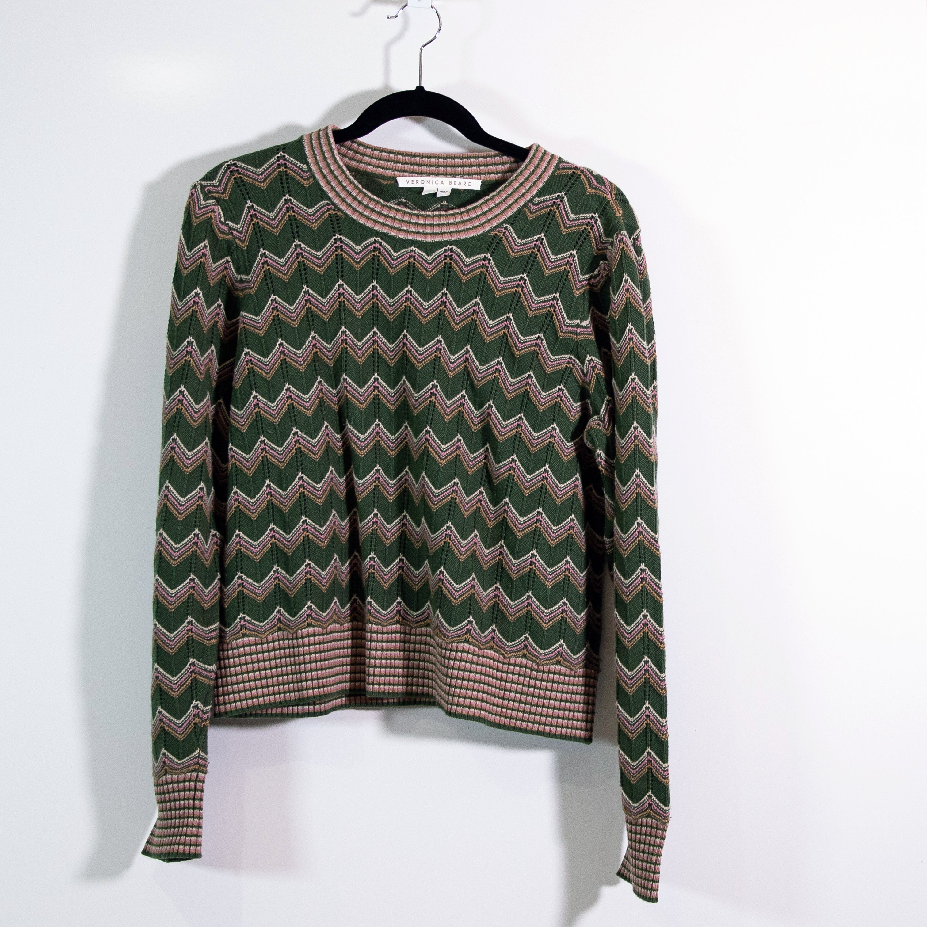 Veronica Beard Davignon Wool Cashmere Blend Army Chevron Woven Knit Sweater XL