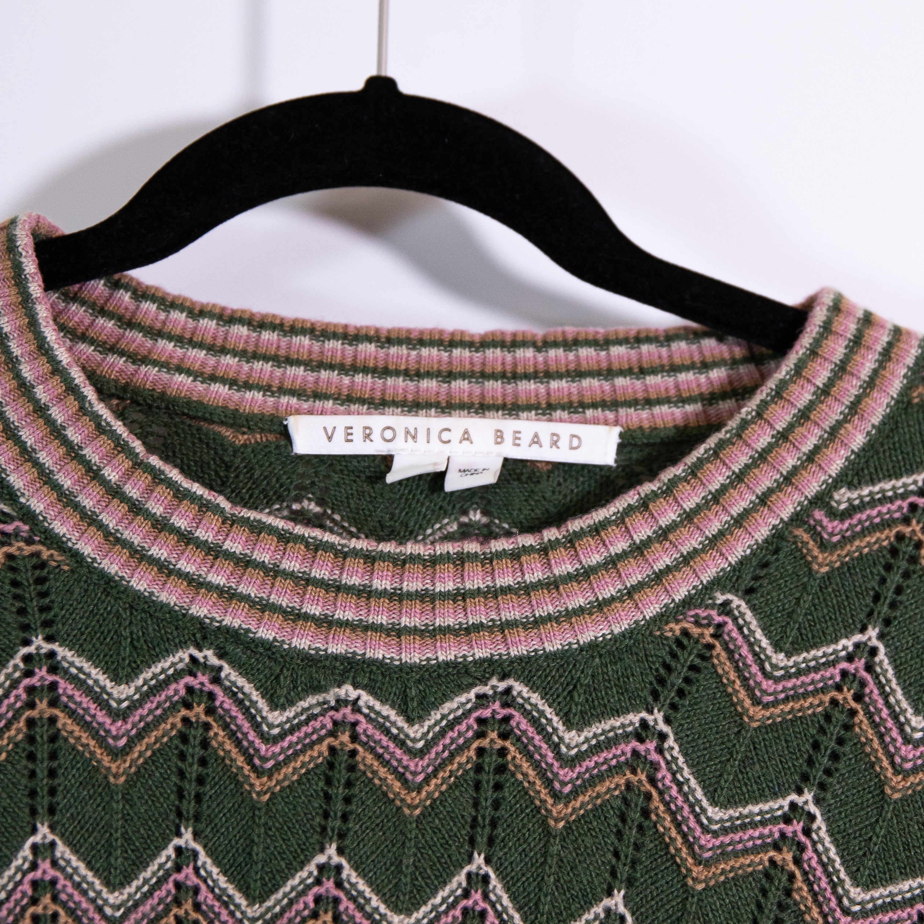 Veronica Beard Davignon Wool Cashmere Blend Army Chevron Woven Knit Sweater XL