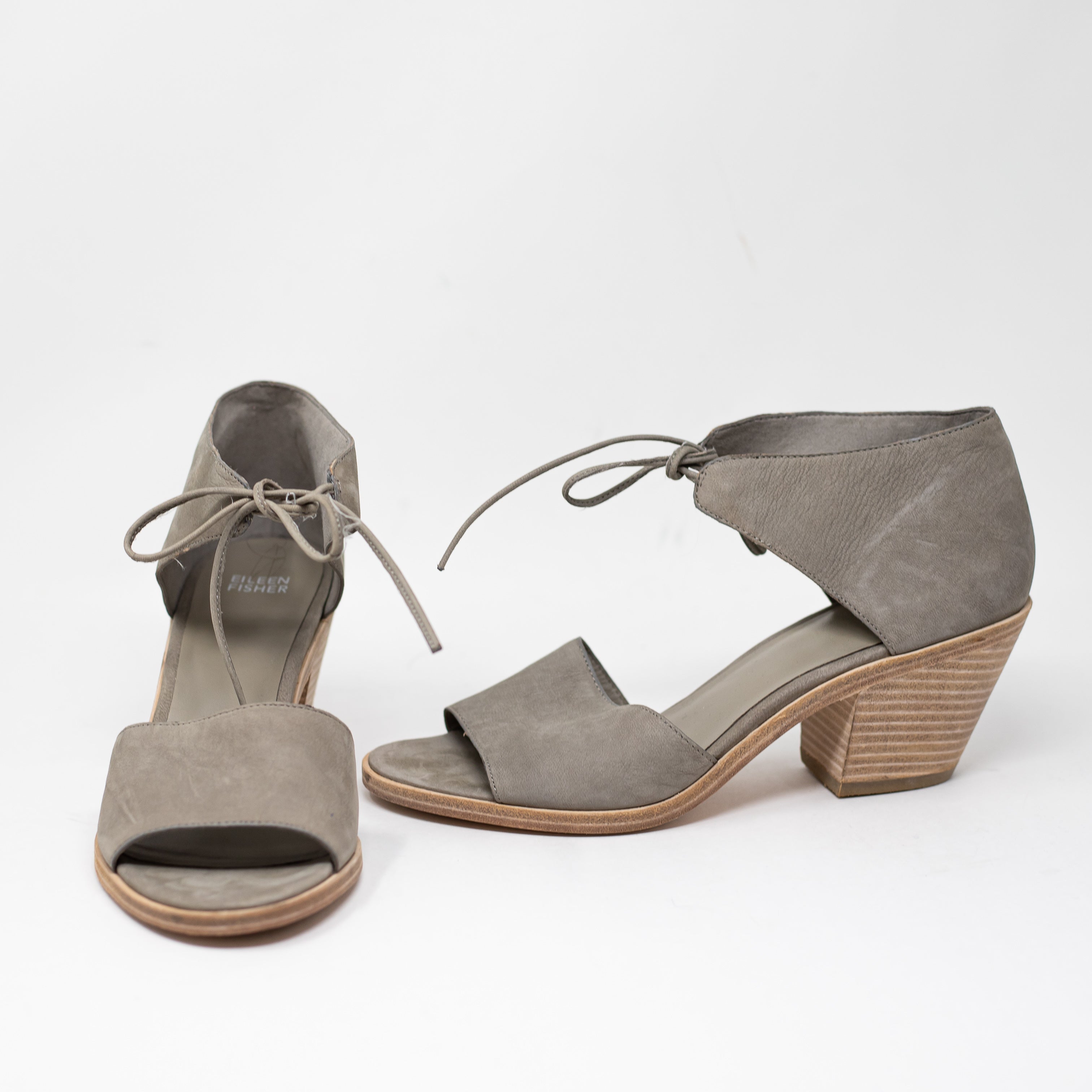 NEW Eileen Fisher Ann Nubuck Genuine Leather Peep Toe Block Heel Sandals Moon 9