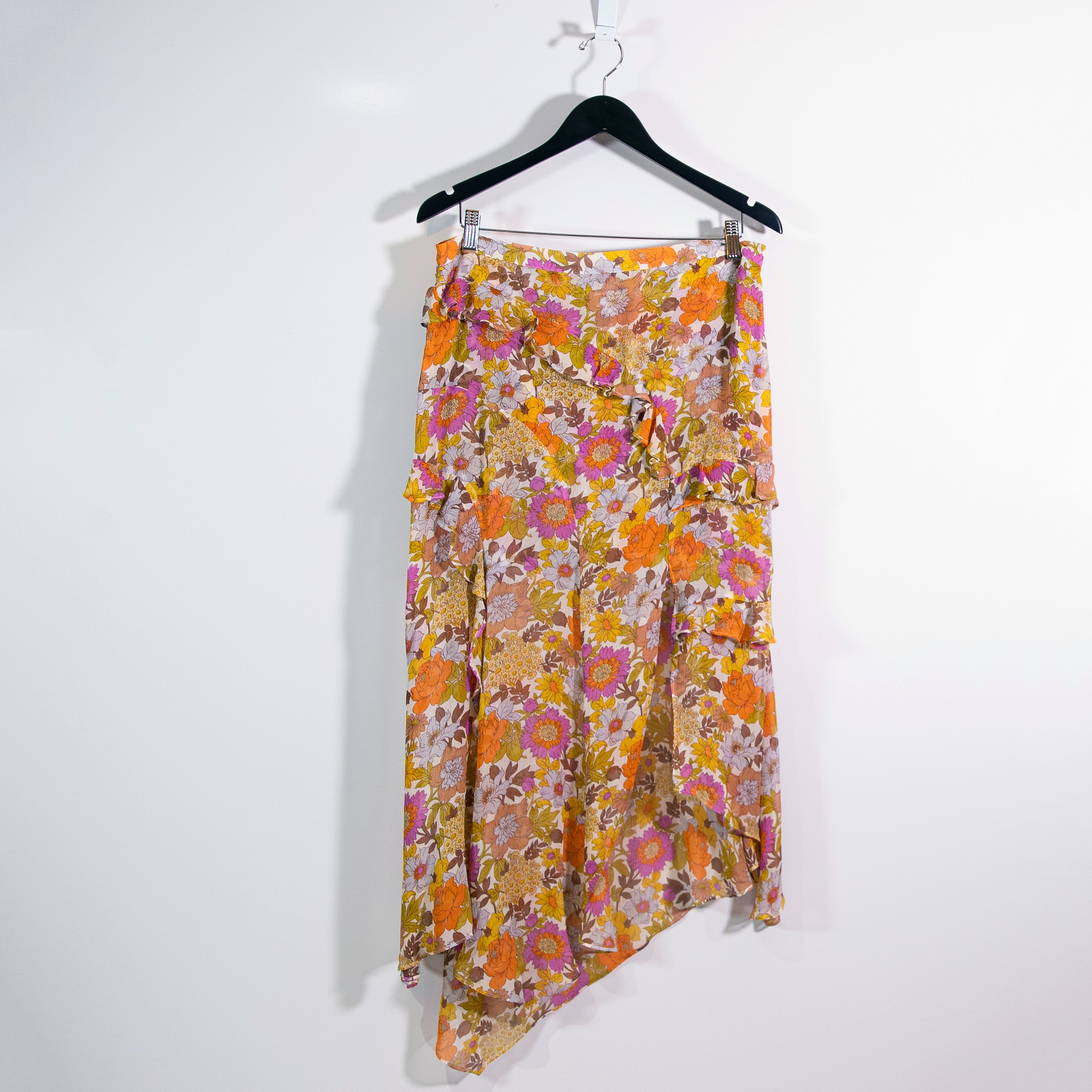 Veronica Beard Eleonora Silk Chiffon Ruffle Slit Garden Floral Print Midi Skirt