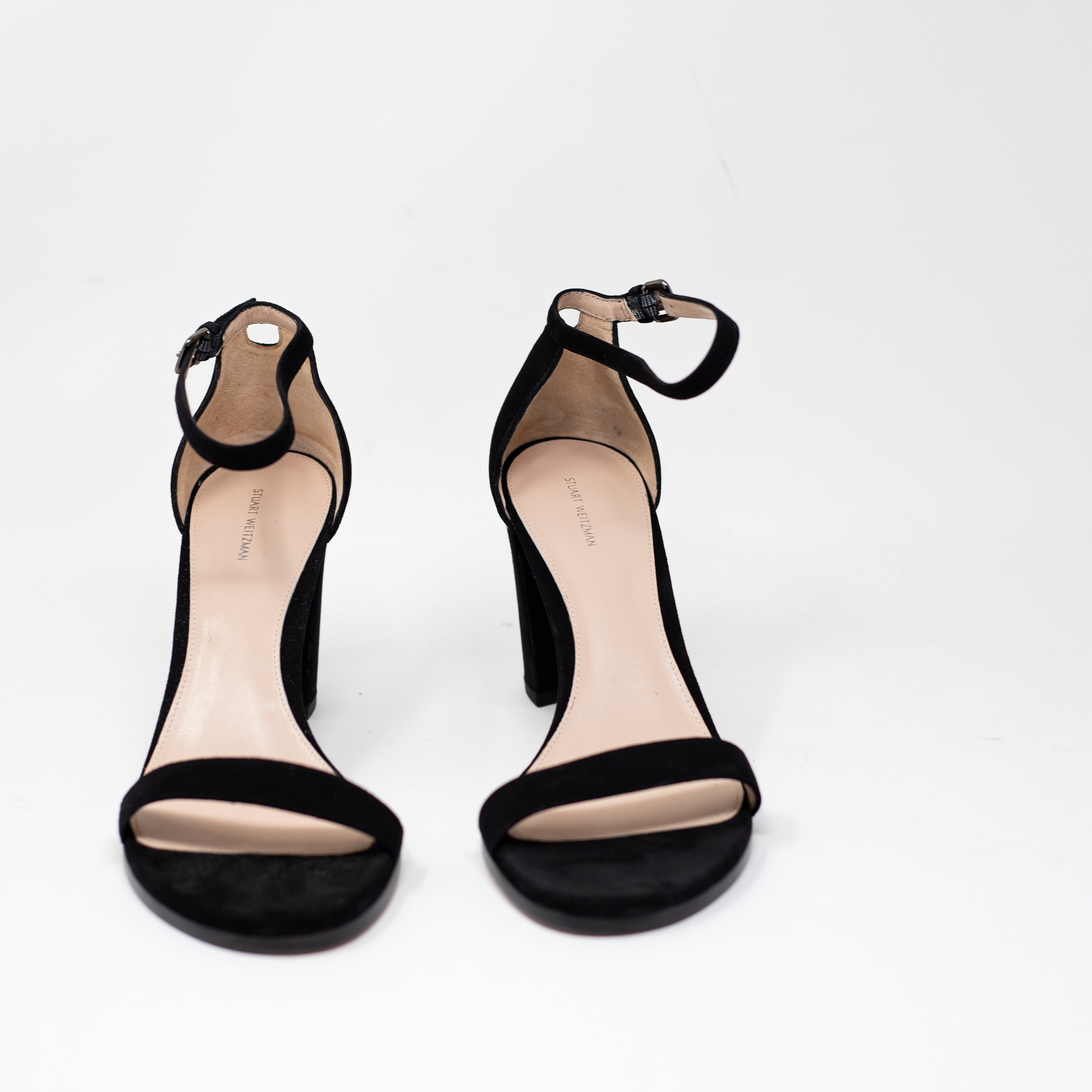 NEW Stuart Weitzman Nearly Genuine Suede Leather Block High Heels Sandals Black