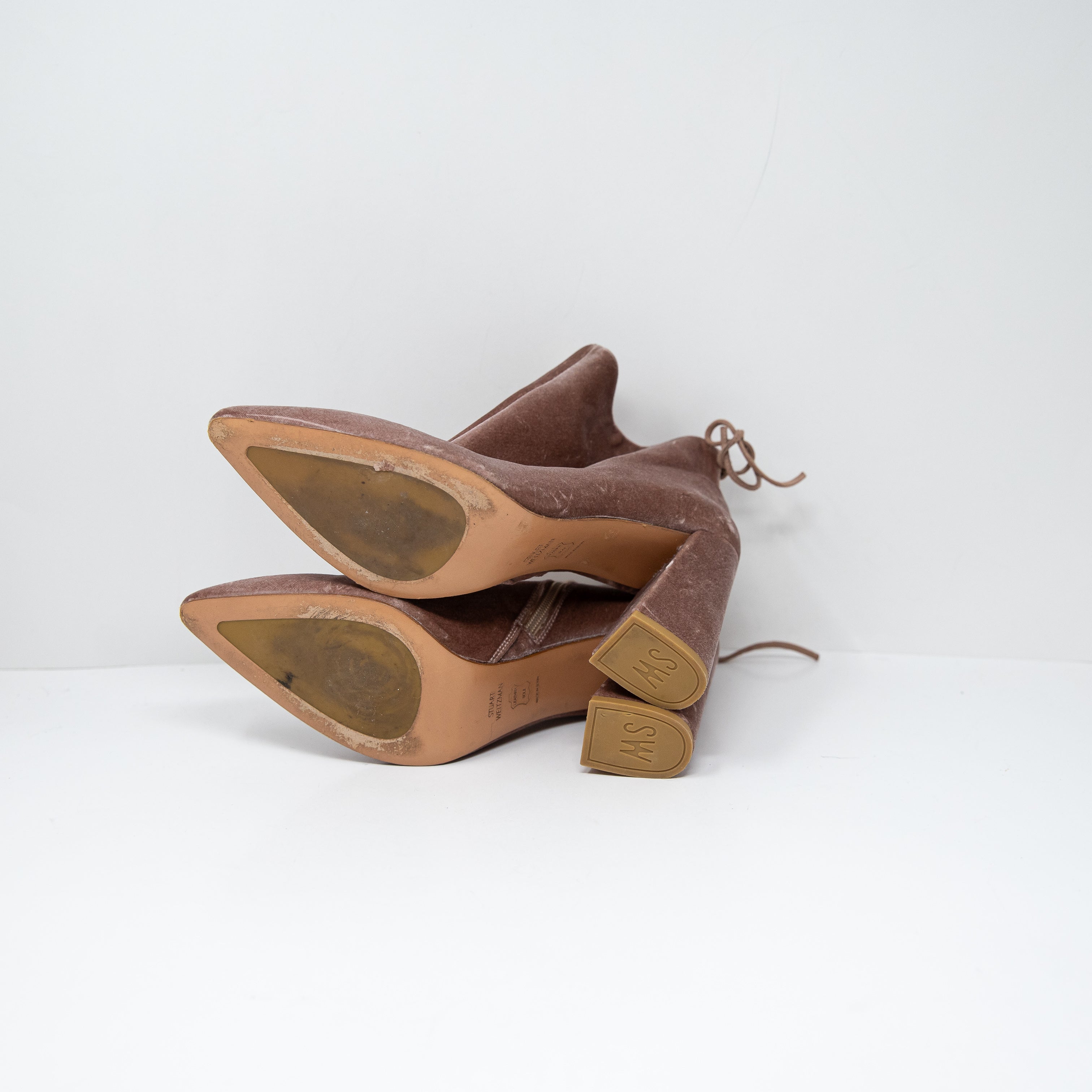 Stuart Weitzman Pane Velvet Velour Ankle High Heel Booties Shoes Pink 10.5