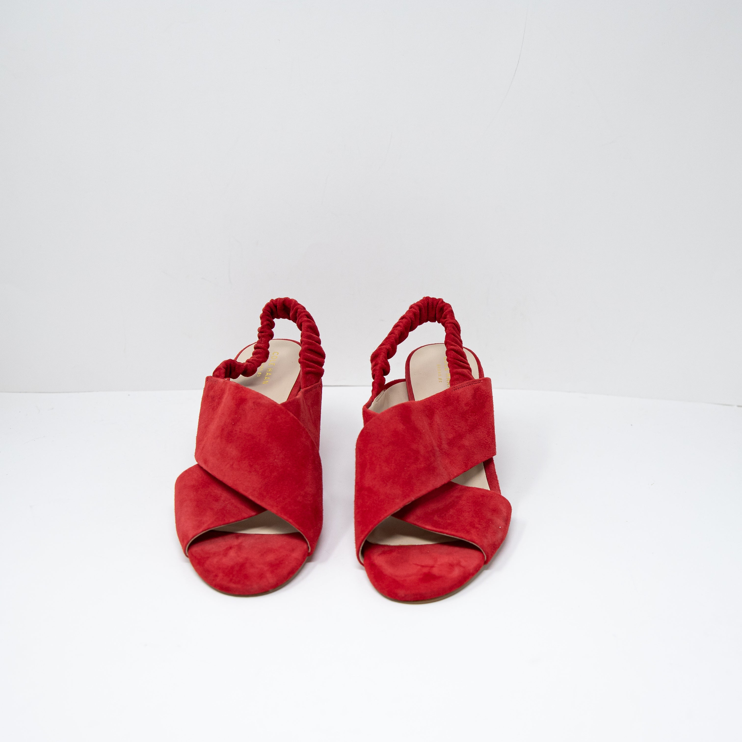 Cole Haan Anastasia Suede Leather Open Toe Block High Heels Sandals Shoes Red