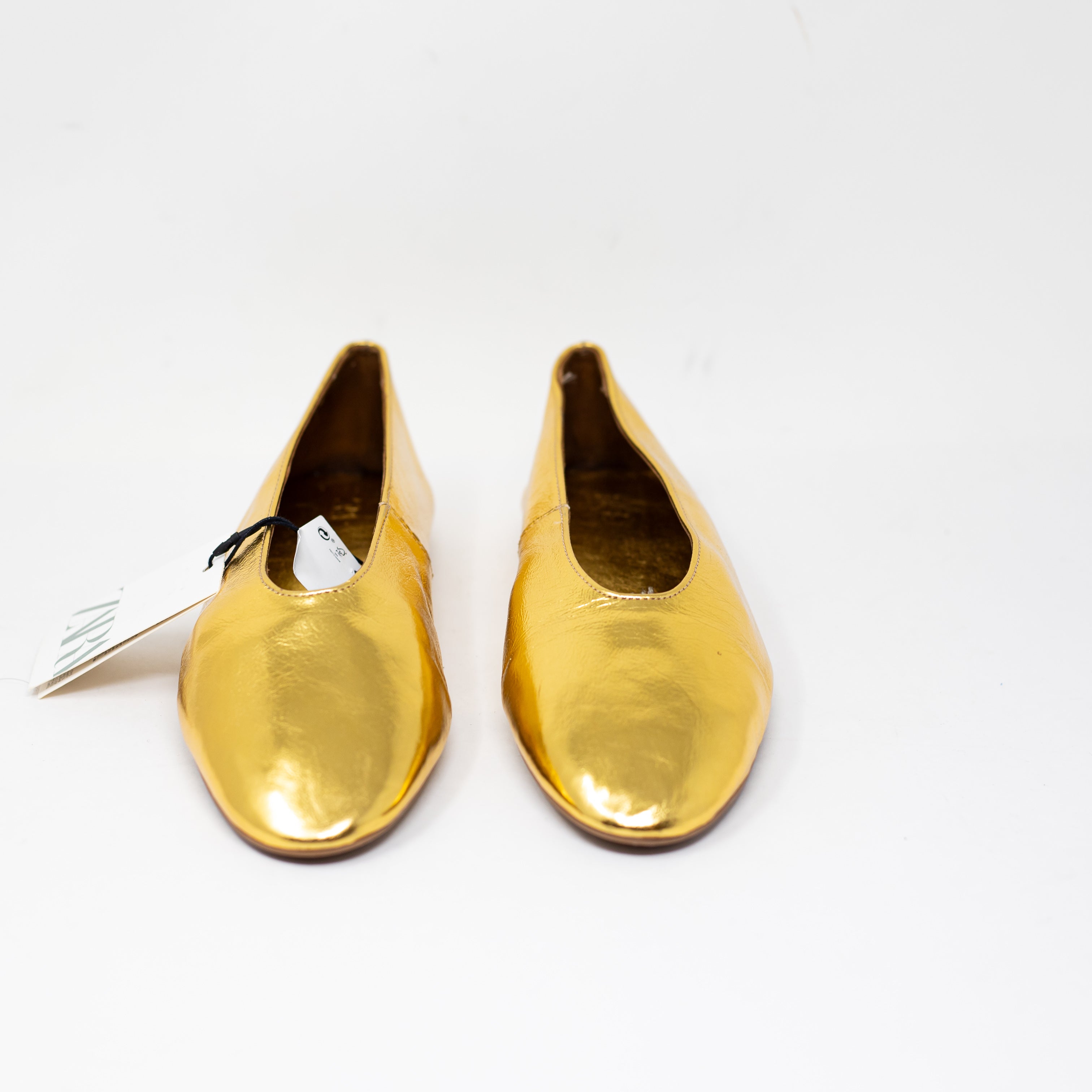 NEW Zara Women's Genuine Leather Metallic Gold Round Toe Slip On Ballet Flats