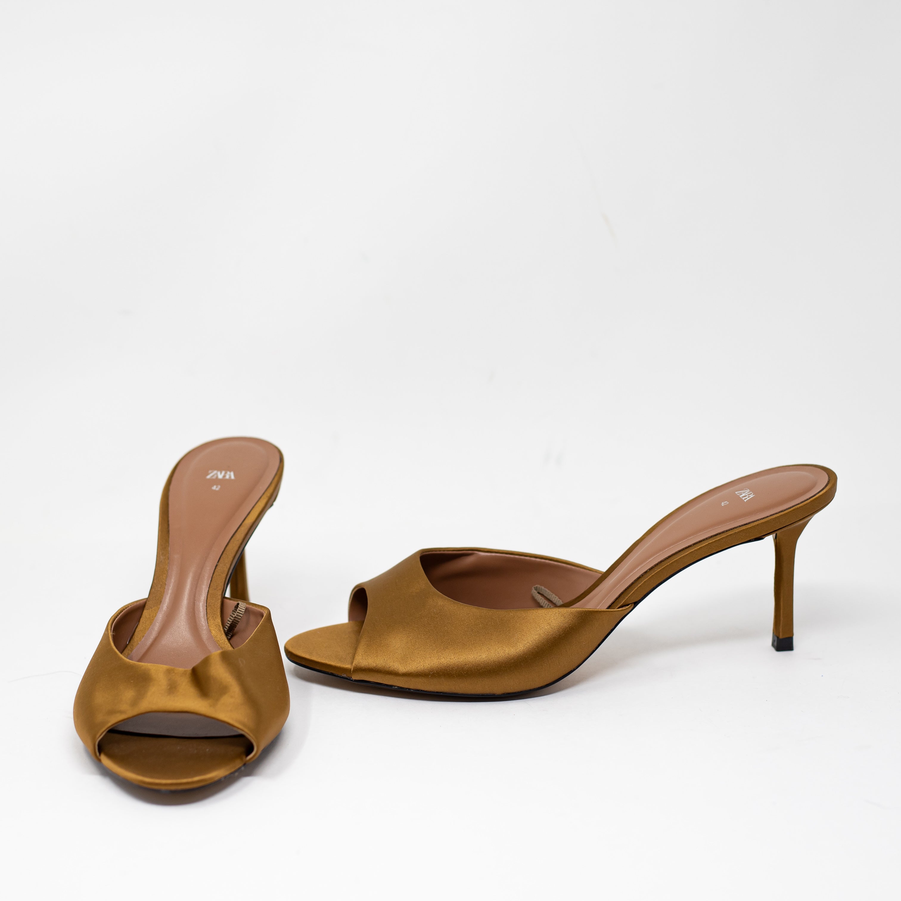 NEW Zara Satin Peep Toe Slip On High Heels Shoes Bronze 11