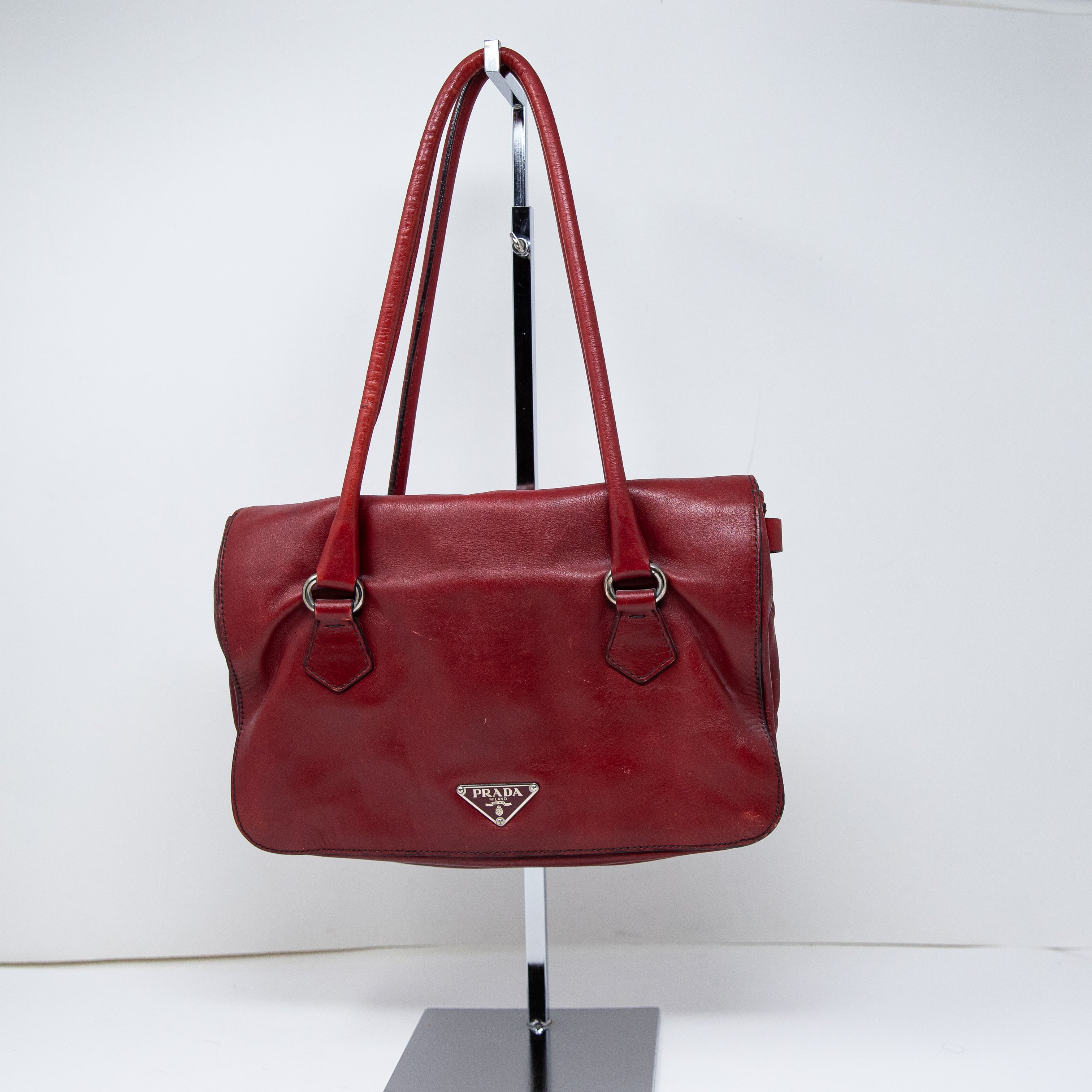 Prada Vintage Vitello Easy Bag Genuine Leather Shoulder Purse Bag Tote Red