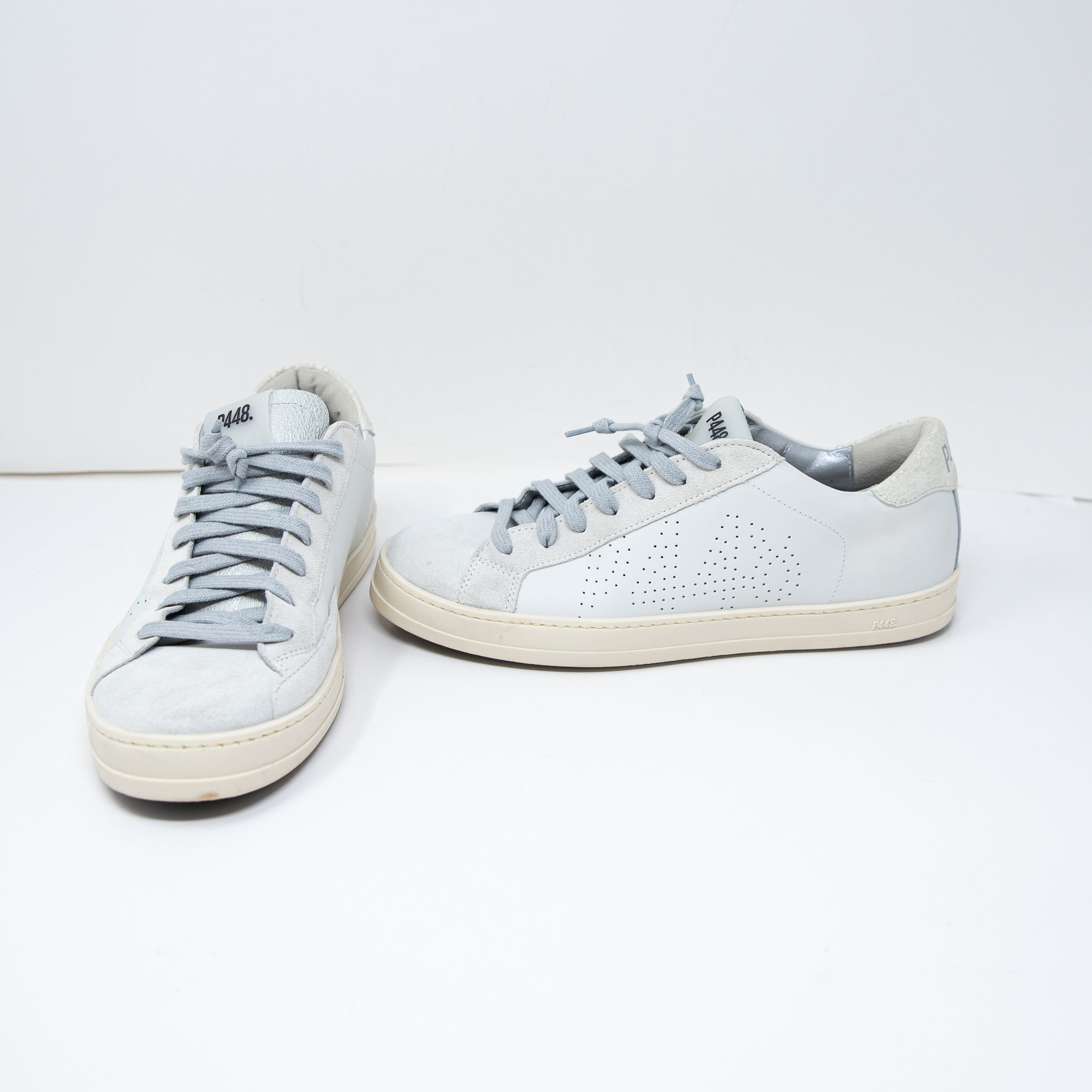 P448 Women's John Recycled Leather Low Top Lace Up Sneakers Shoes Gray White 9.5