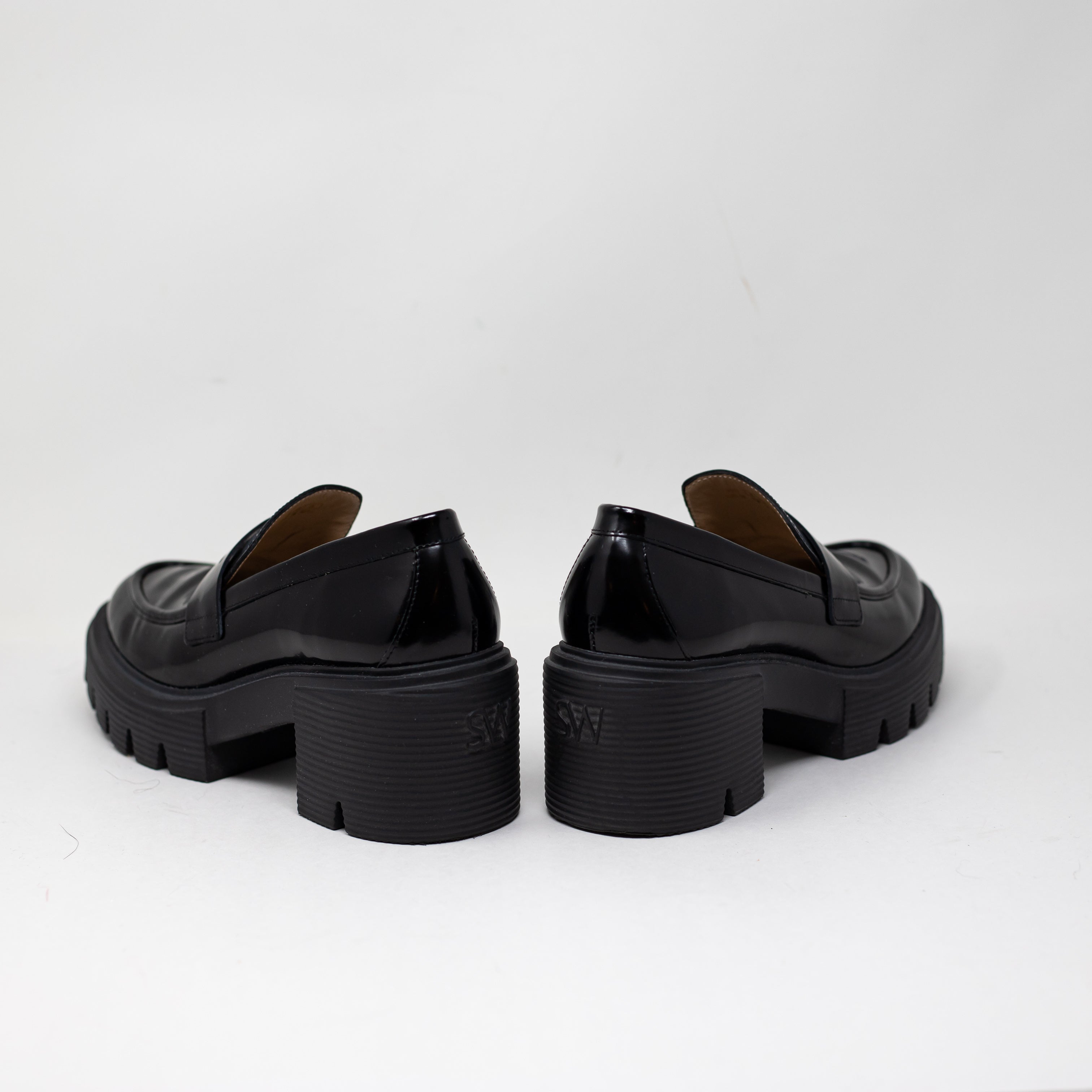 NEW Stuart Weitzman Soho Shiny Leather Lug Sole Block Heel Loafers Shoes Black