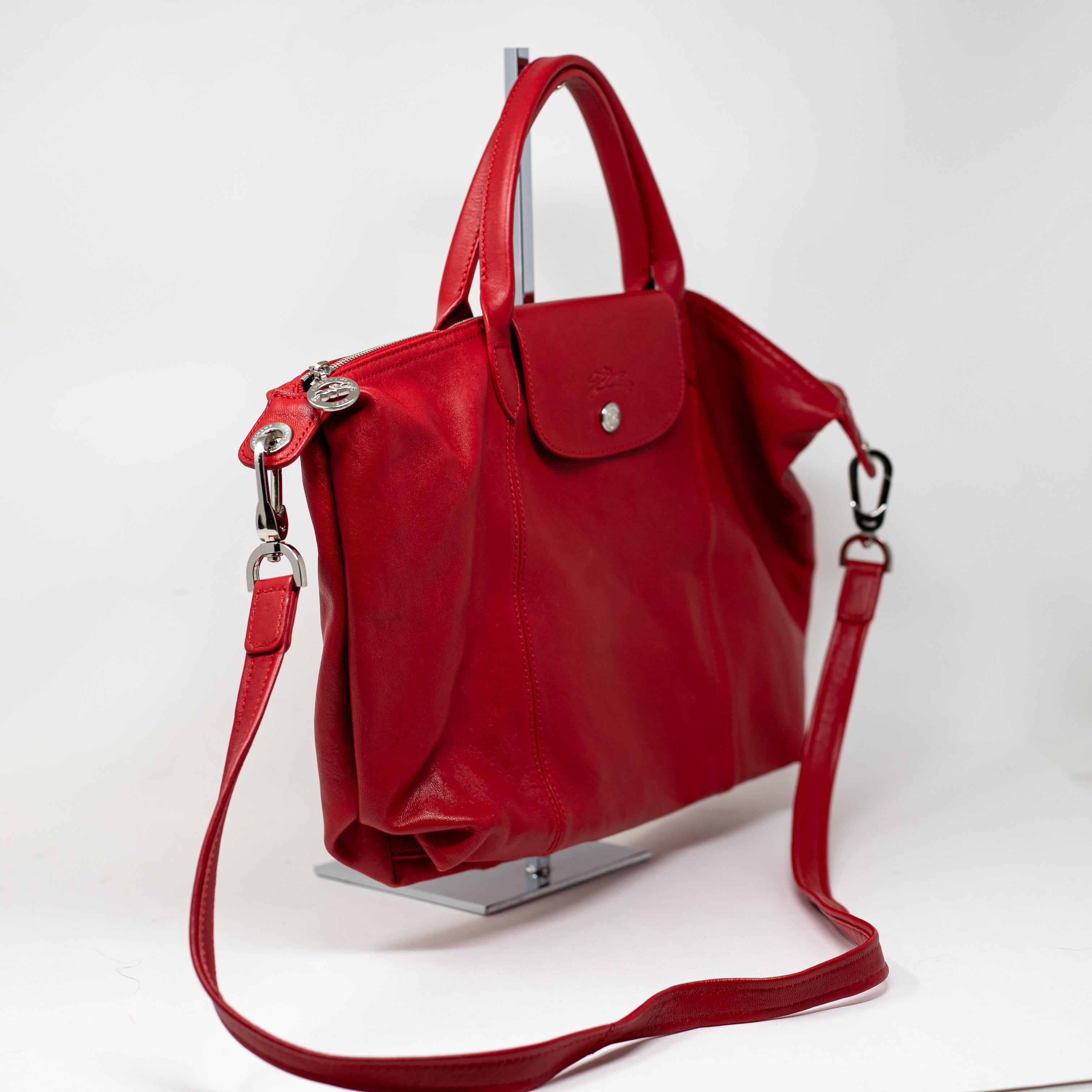 Longchamp Le Pliage Cuir Medium Genuine Leather Crossbody Satchel Bag Purse Red