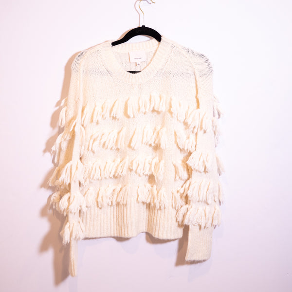 Cinq A Sept Aurelia Mohari Wool Blend Knit Stretch Fringe Pullover Sweater Ivory