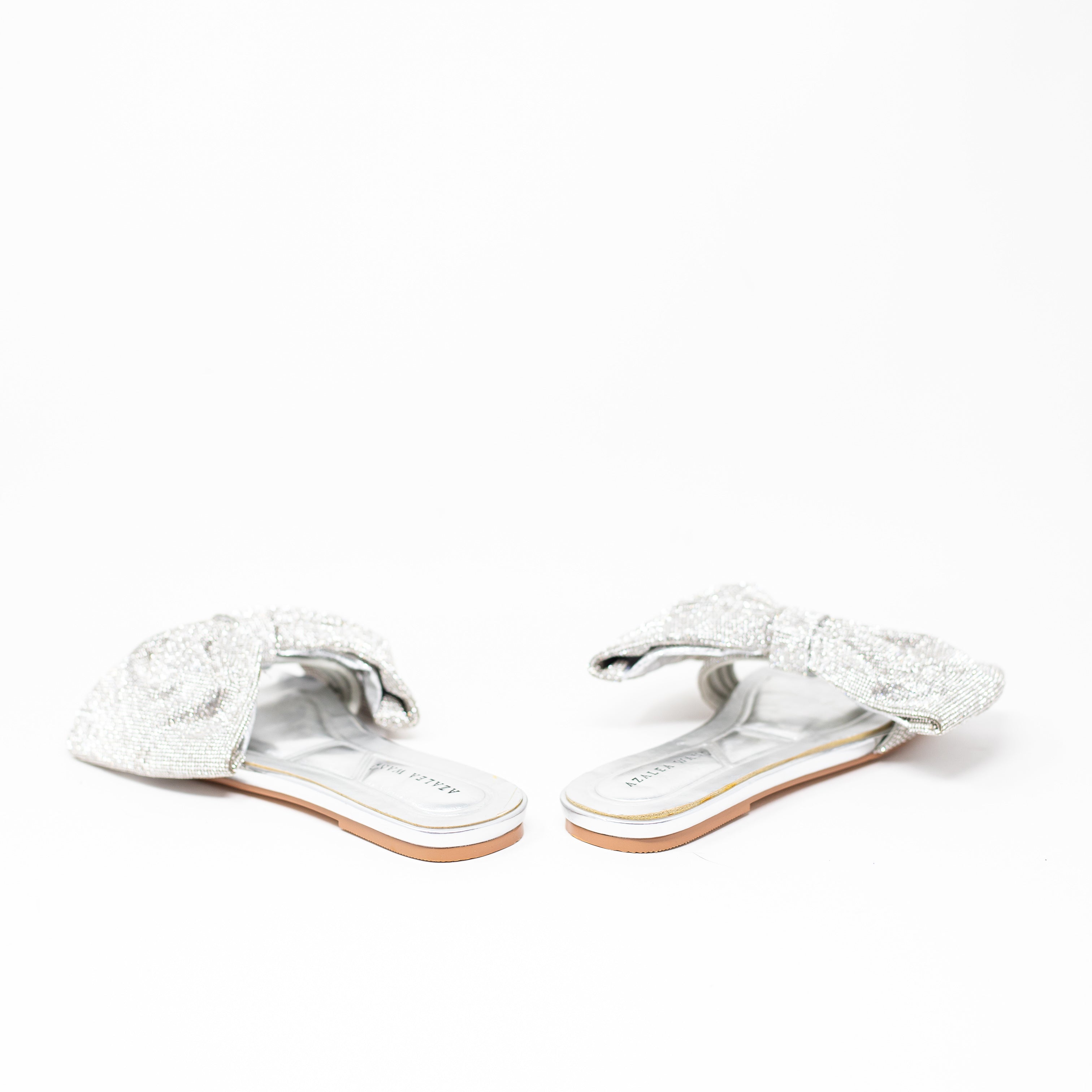 NEW Azalea Wang Bowton Crystal Rhinestone Silver Bow Detail Flat Sandals Shoes