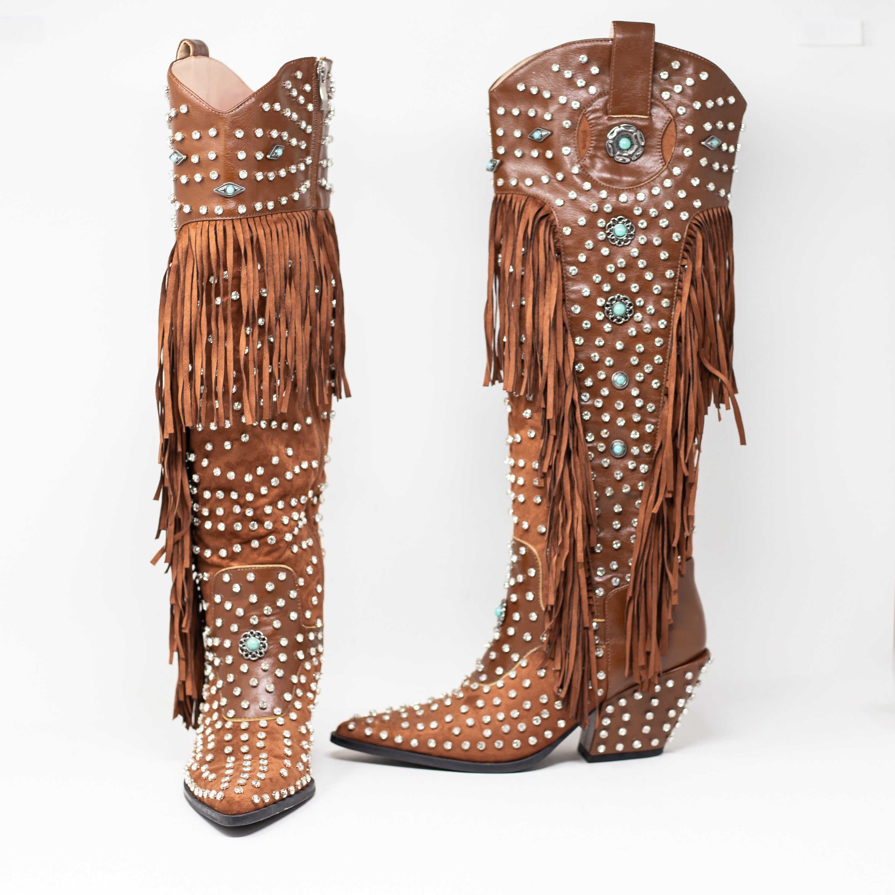 NEW Azalea Wang Bennett Crystal Rhinestone Turquoise Embellished Fringe Boots
