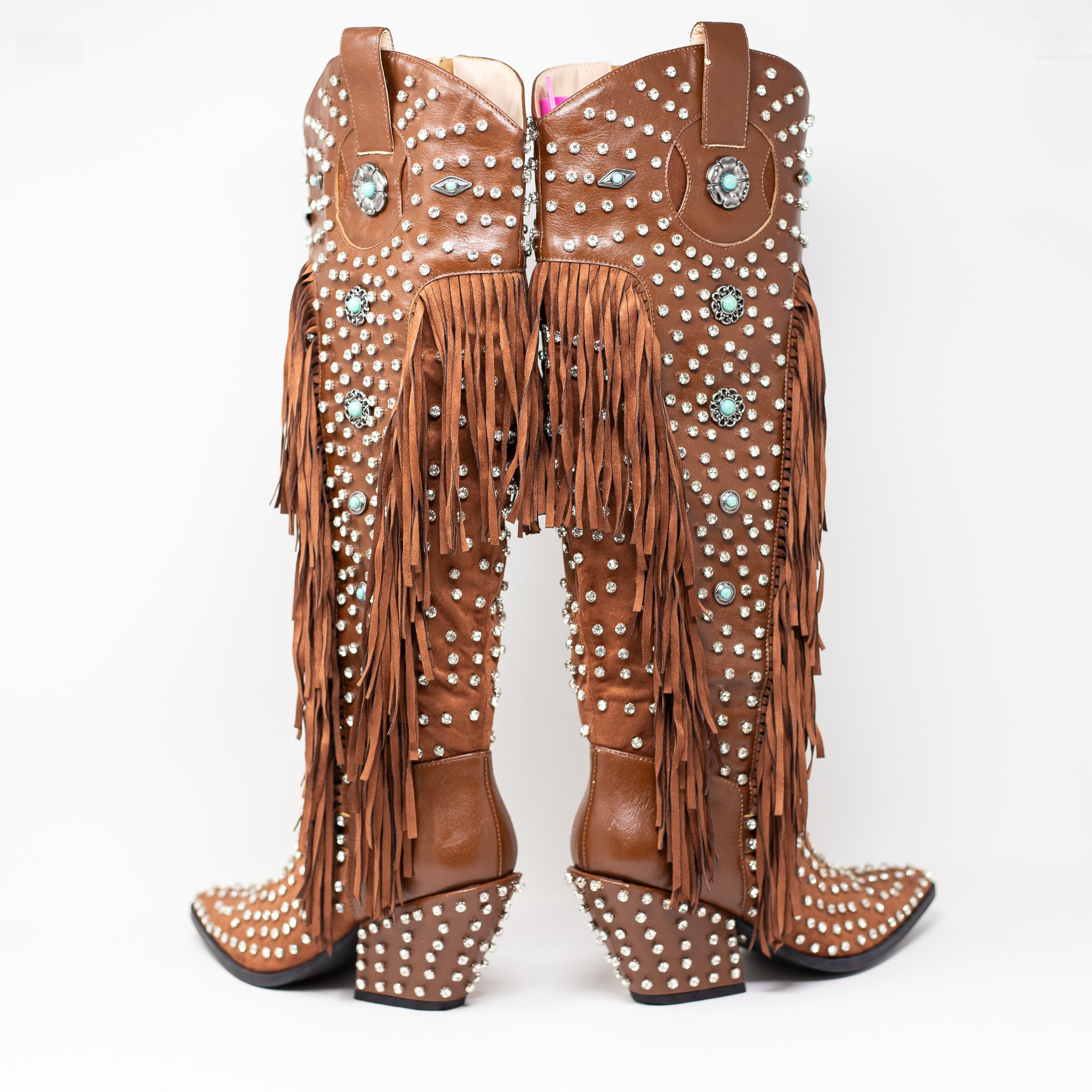 NEW Azalea Wang Bennett Crystal Rhinestone Turquoise Embellished Fringe Boots