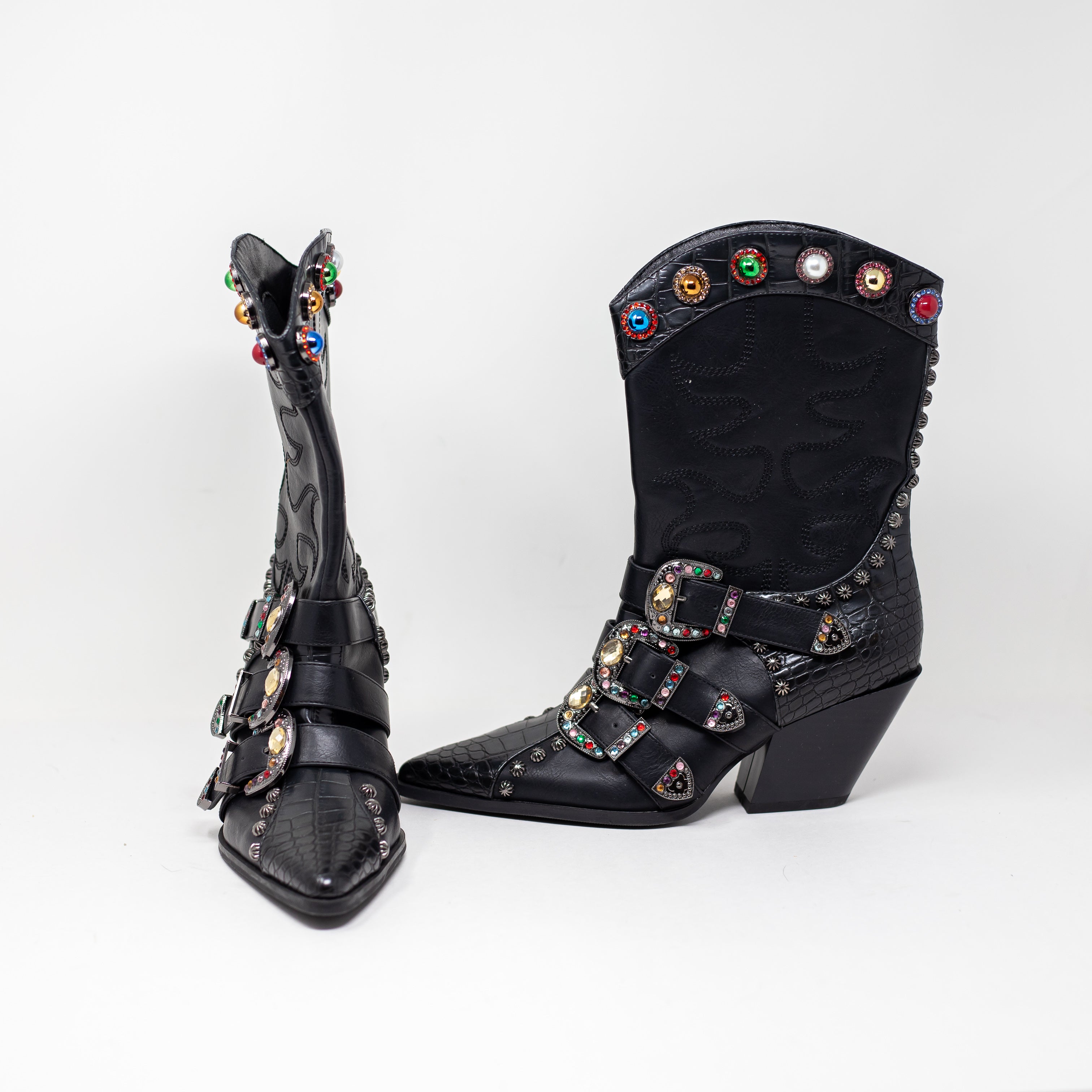 NEW Azalea Wang Willowe Western Crystal Rhinestone Jewel Booties Shoes Black 7