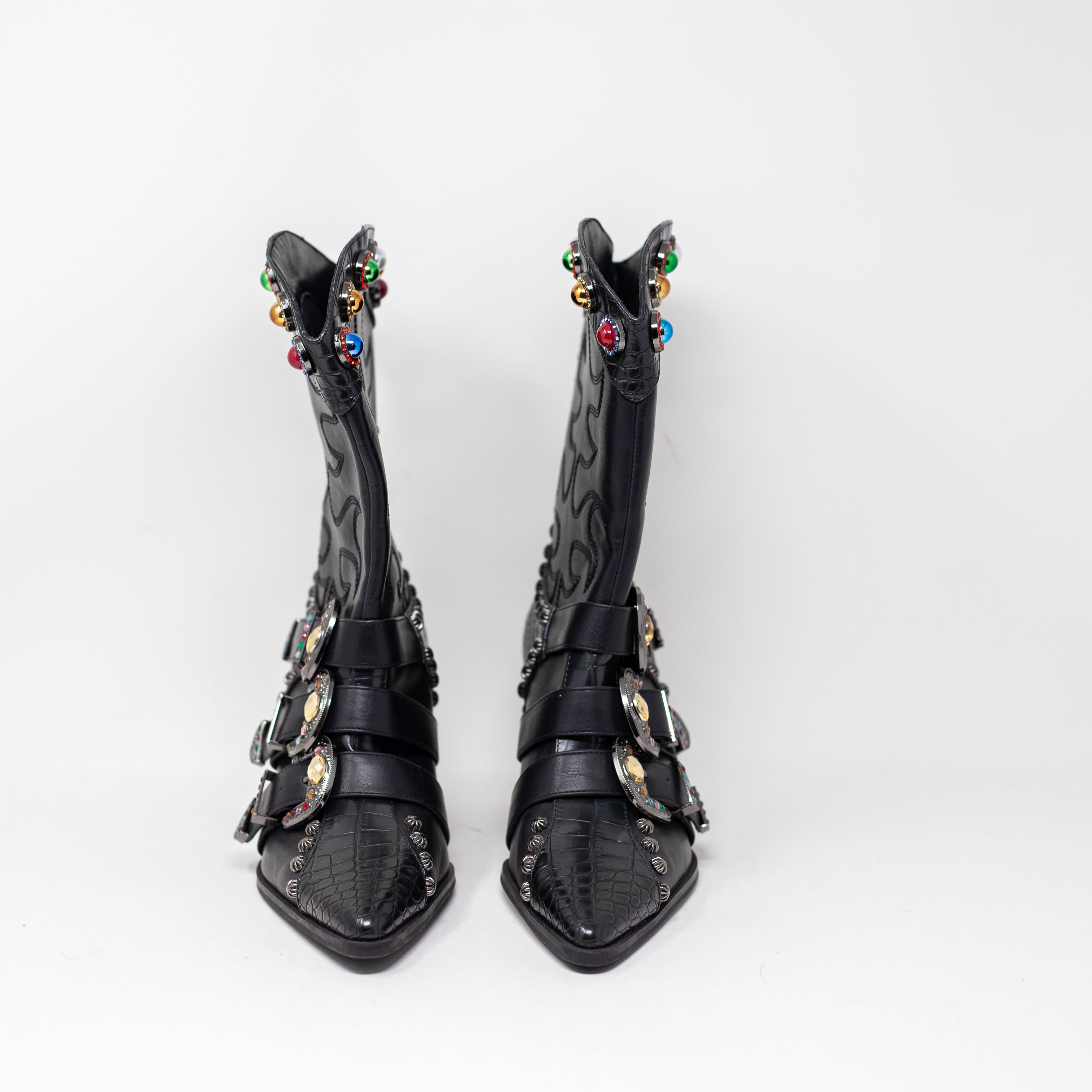 NEW Azalea Wang Willowe Western Crystal Rhinestone Jewel Booties Shoes Black 7
