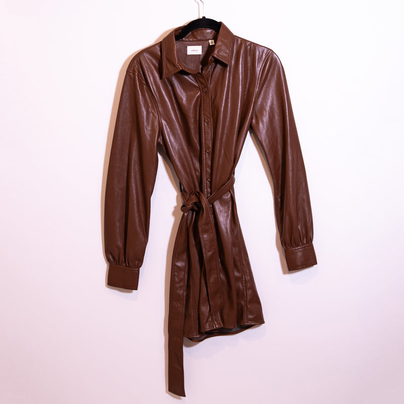 Wilfred Aritzia Caroline Faux Vegan Leather Belted Collared Shirt Dress Brown