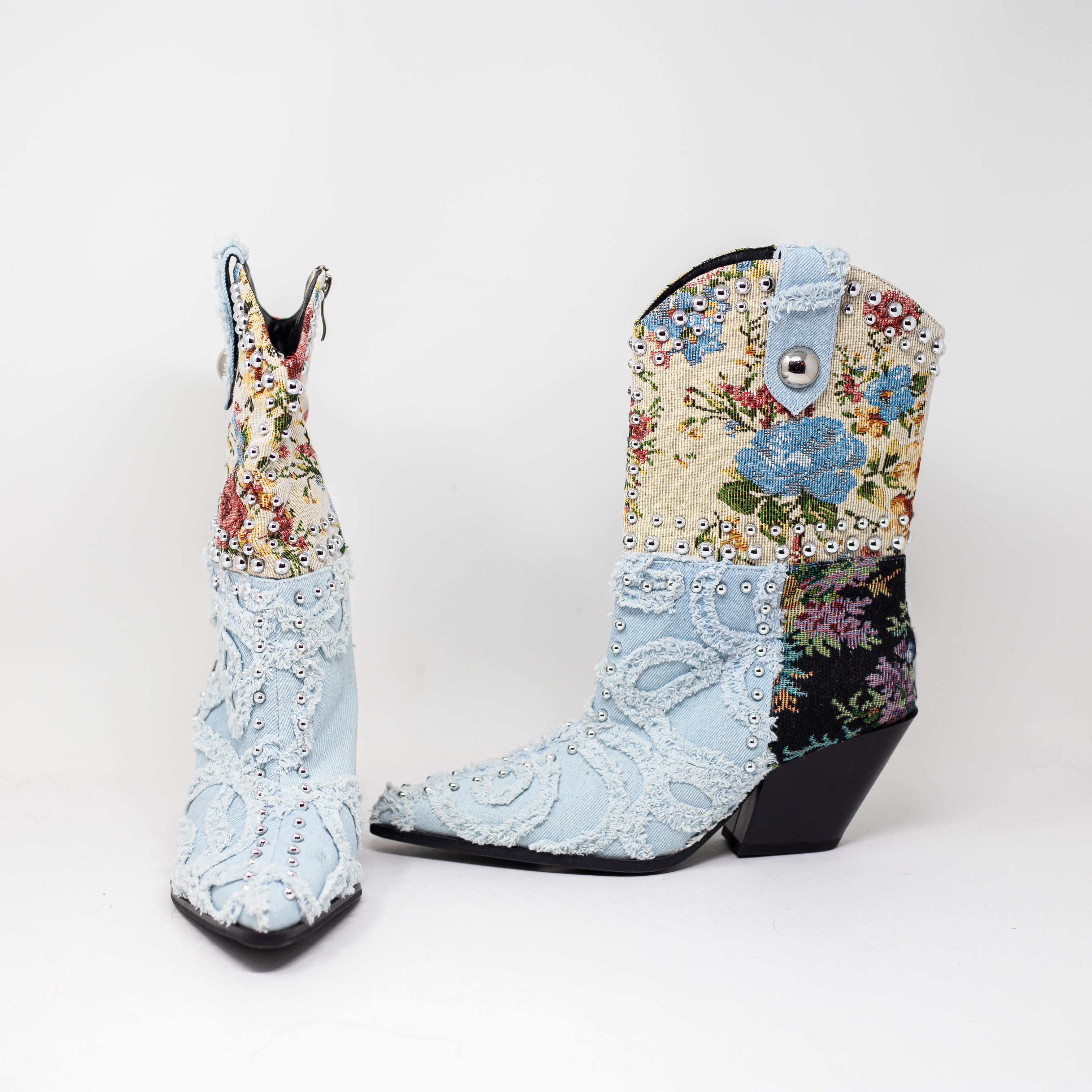 NEW Azalea Wang Akari Denim Multi Patchwork Western Ankle Heel Booties Shoes 7