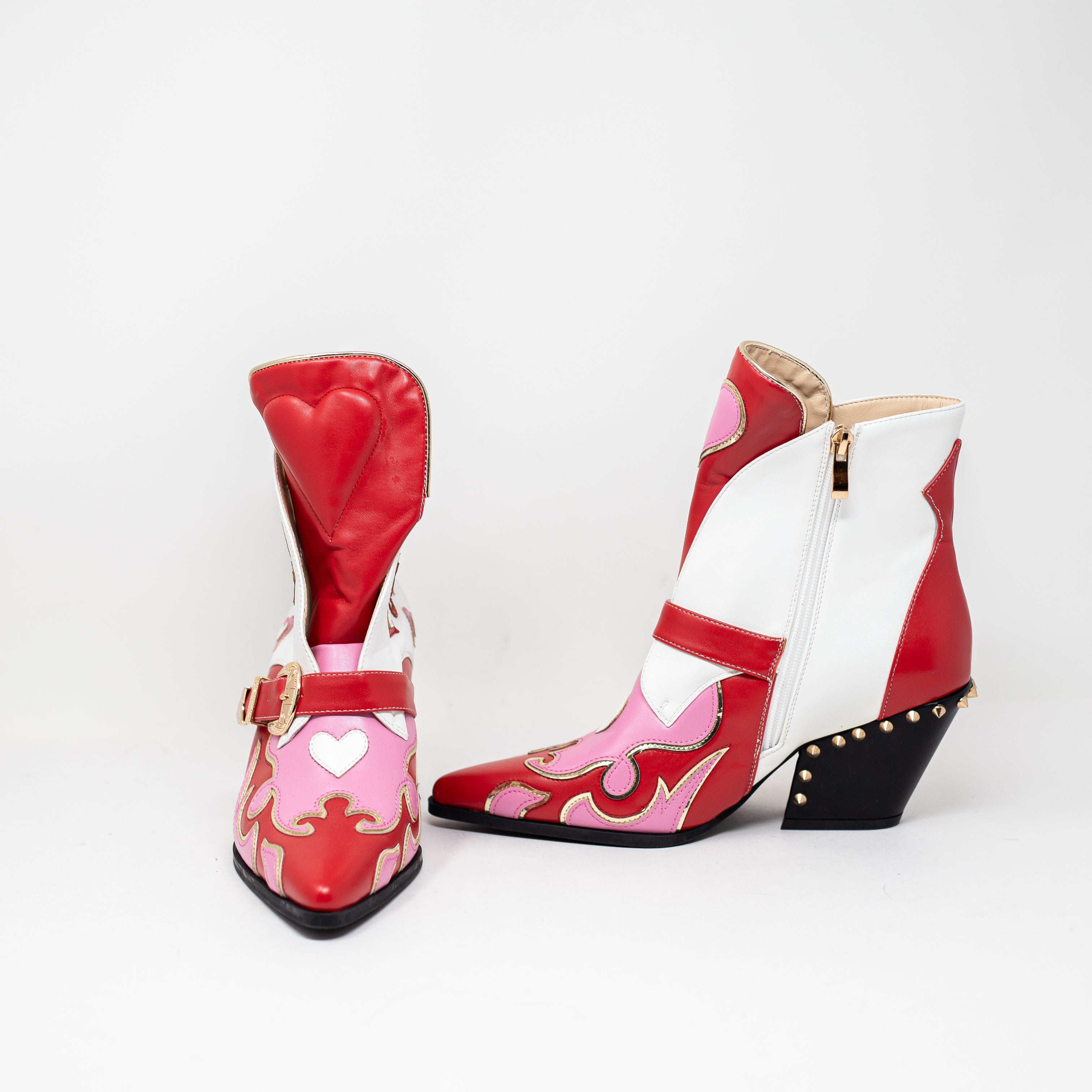 NEW Azalea Wang Besos X And O Faux Leather Studded Ankle Booties Shoes Red Pink
