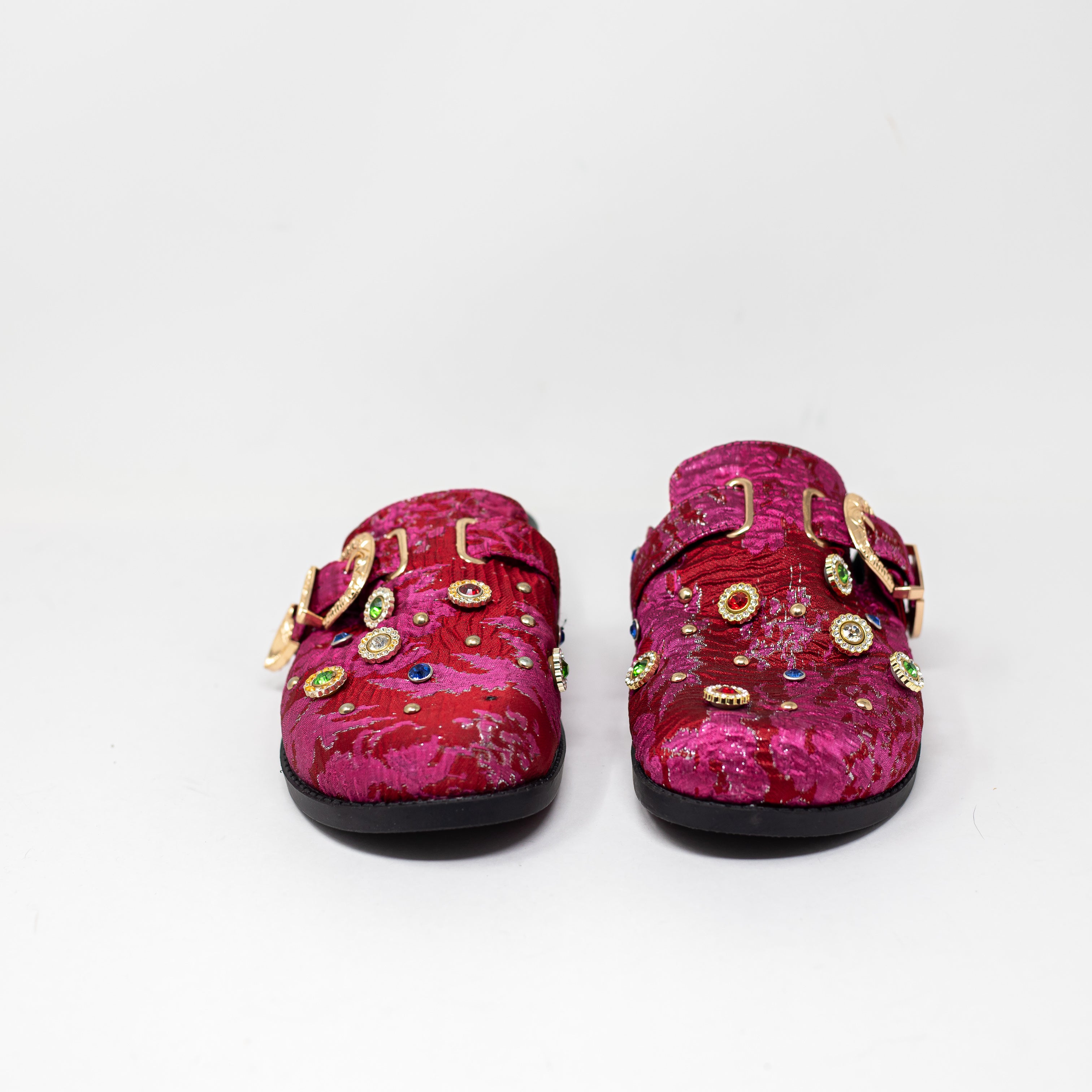 NEW Azalea Wang Quinby Red Brocade Rhinestone Crystal Jewel Clog Flats Shoes 7