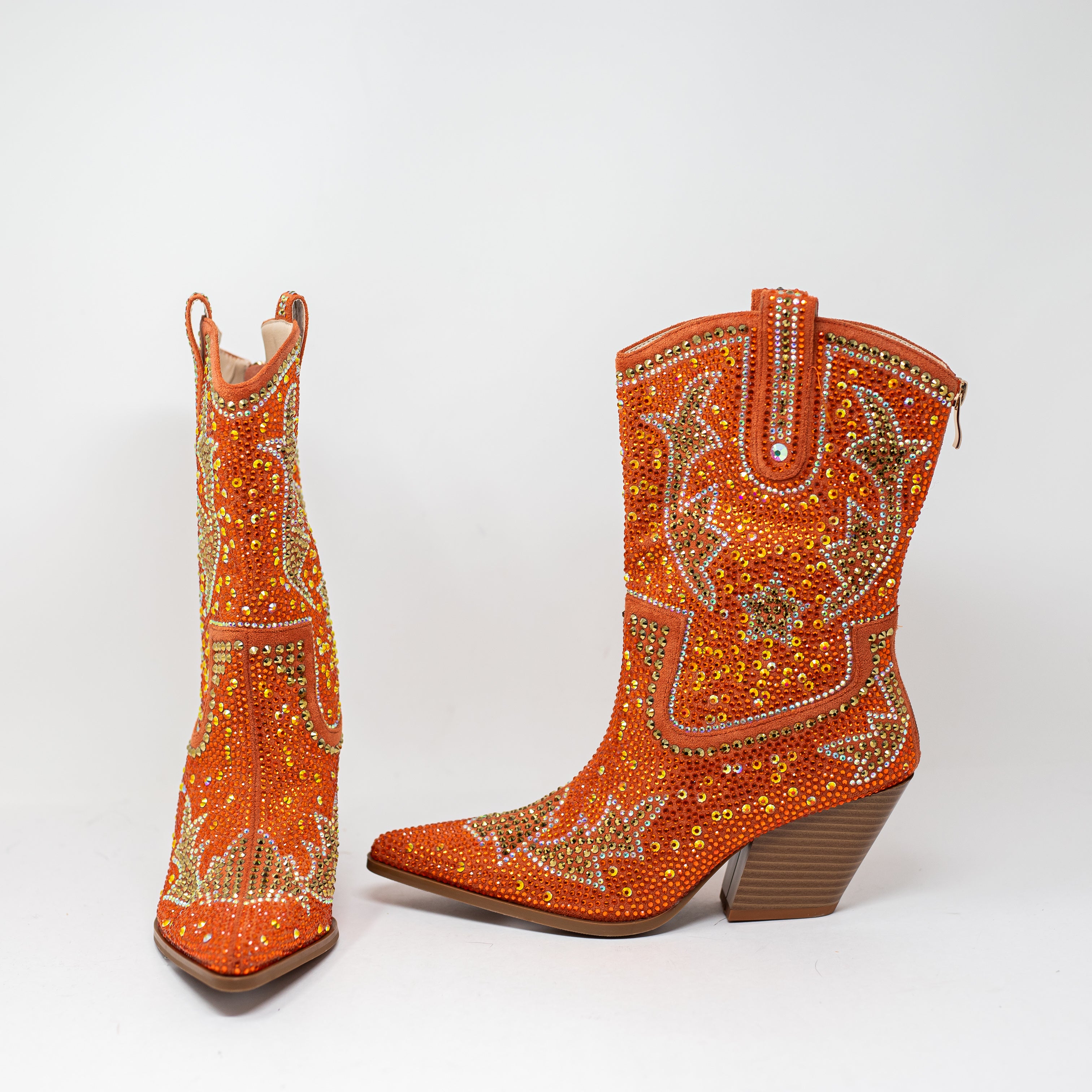 NEW Azalea Wang Scott Crystal Jewel Rhinestone Western Booties Shoes Orange 7