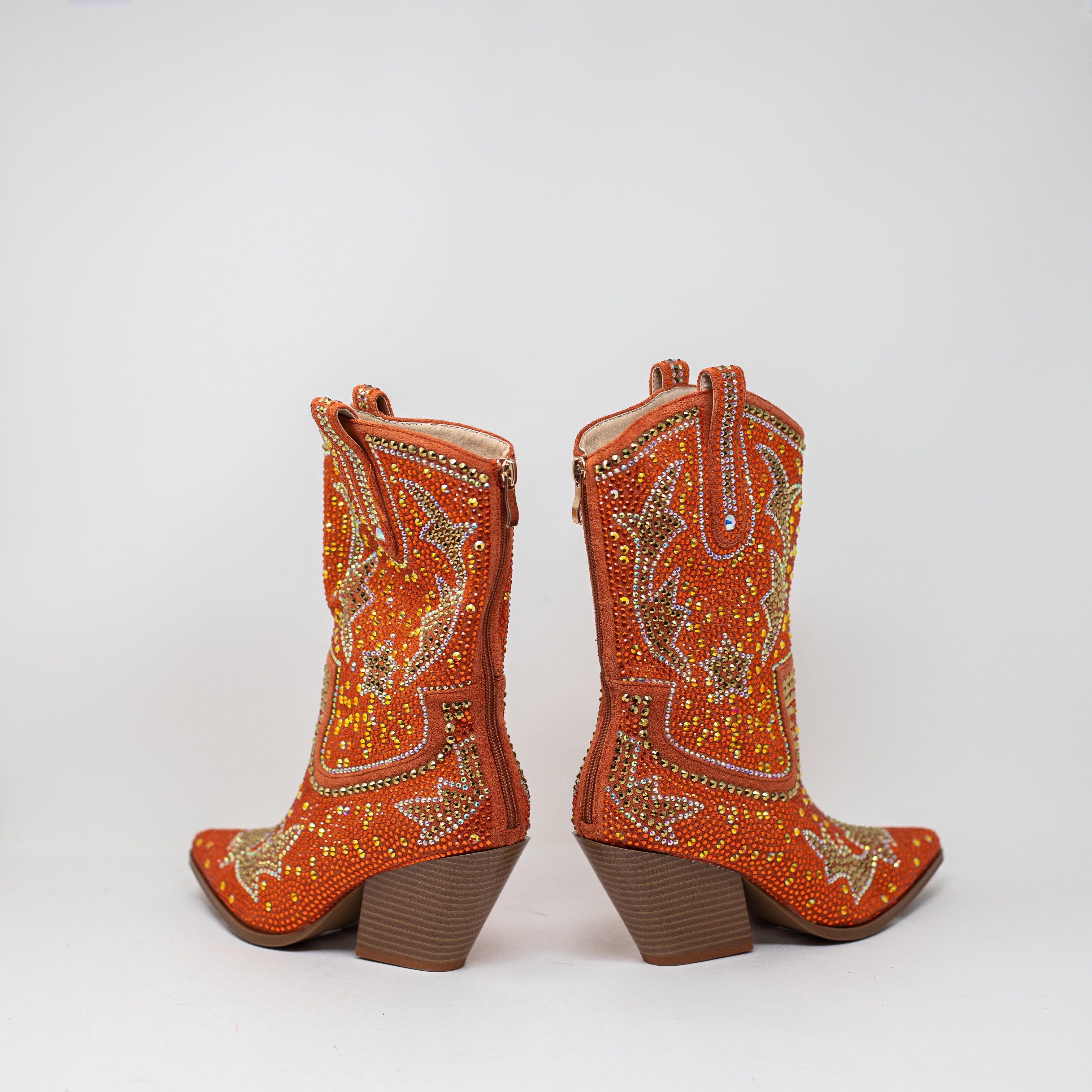 NEW Azalea Wang Scott Crystal Jewel Rhinestone Western Booties Shoes Orange 7