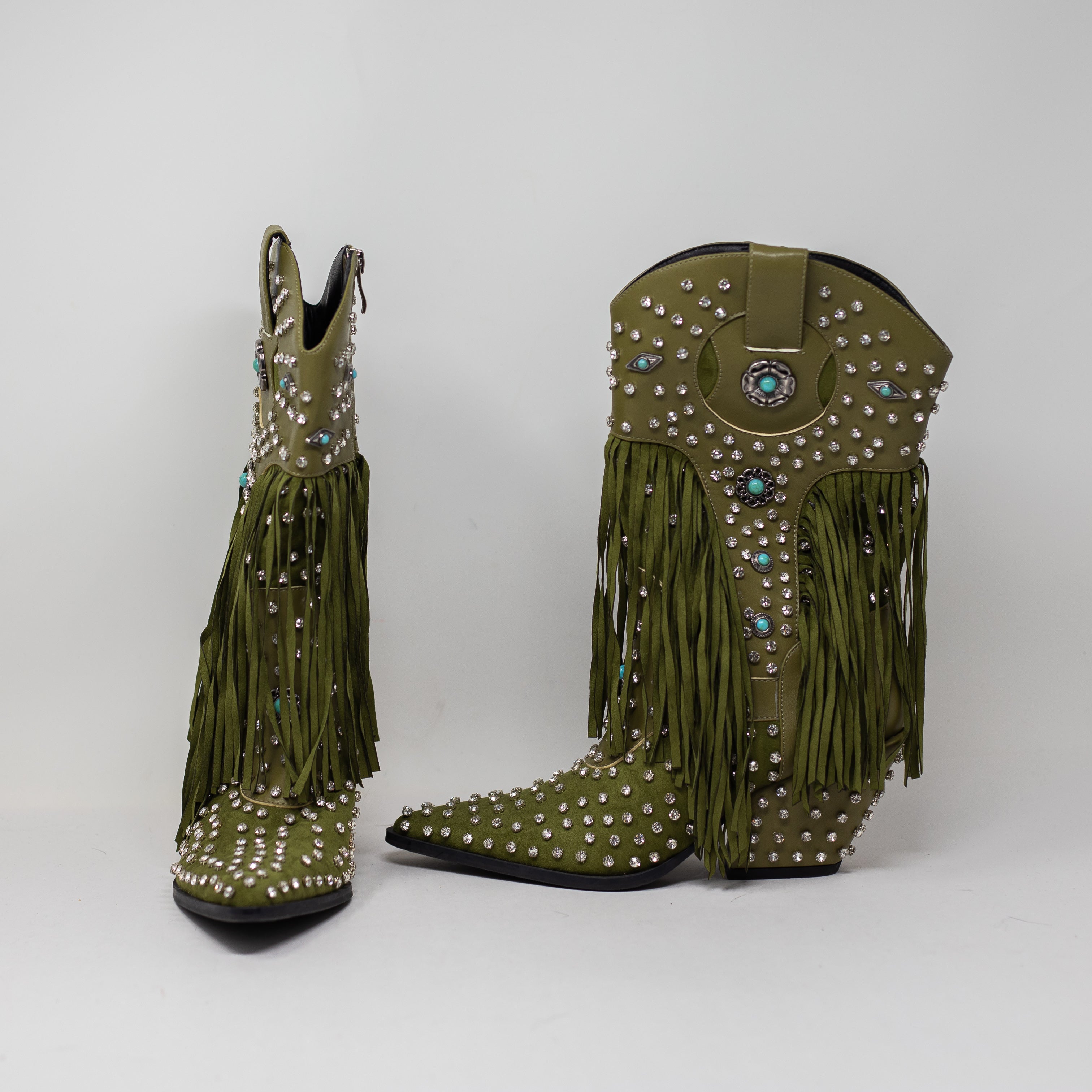 NEW Azalea Wang Greyson Crystal Rhinestone Fringe Faux Leather Western Boots 6.5