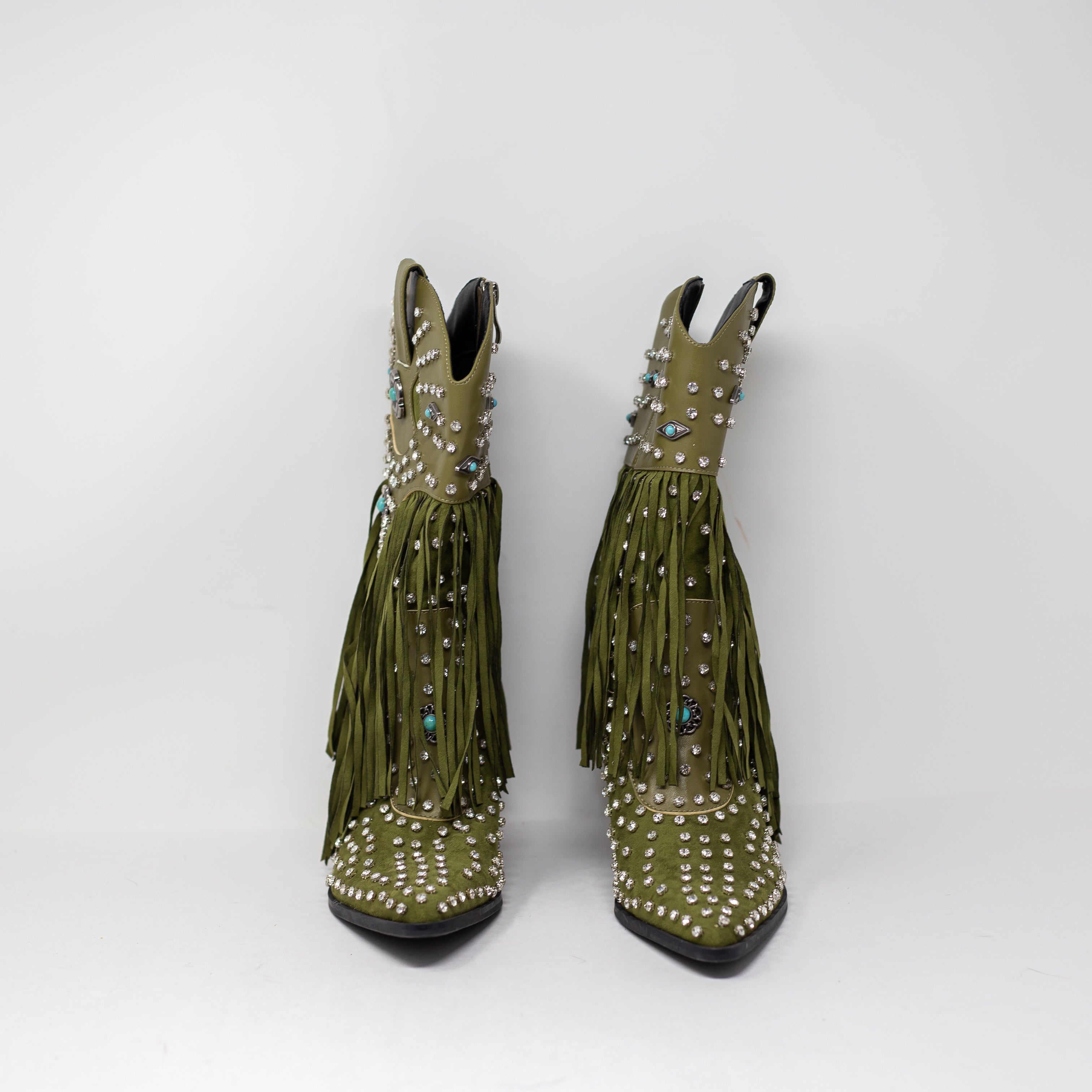 NEW Azalea Wang Greyson Crystal Rhinestone Fringe Faux Leather Western Boots 6.5