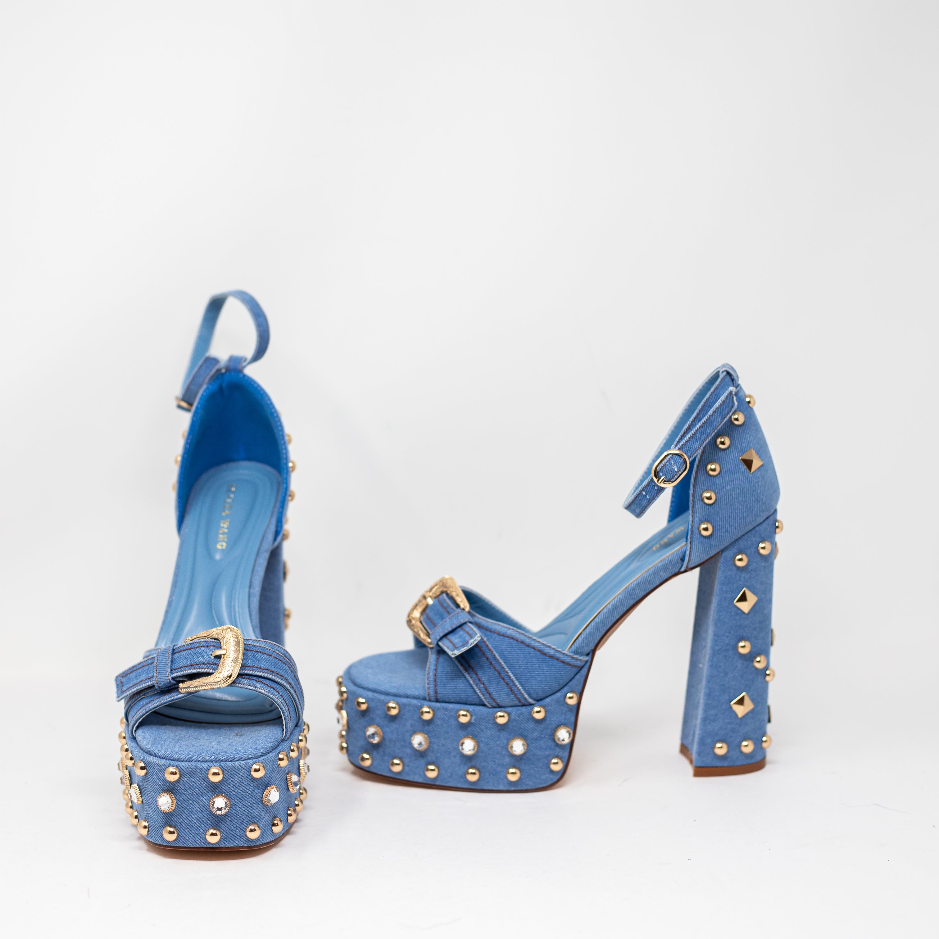 NW Azalea Wang Evgenia Denim Platform Studded Embellished Sandals Heels Blue 6