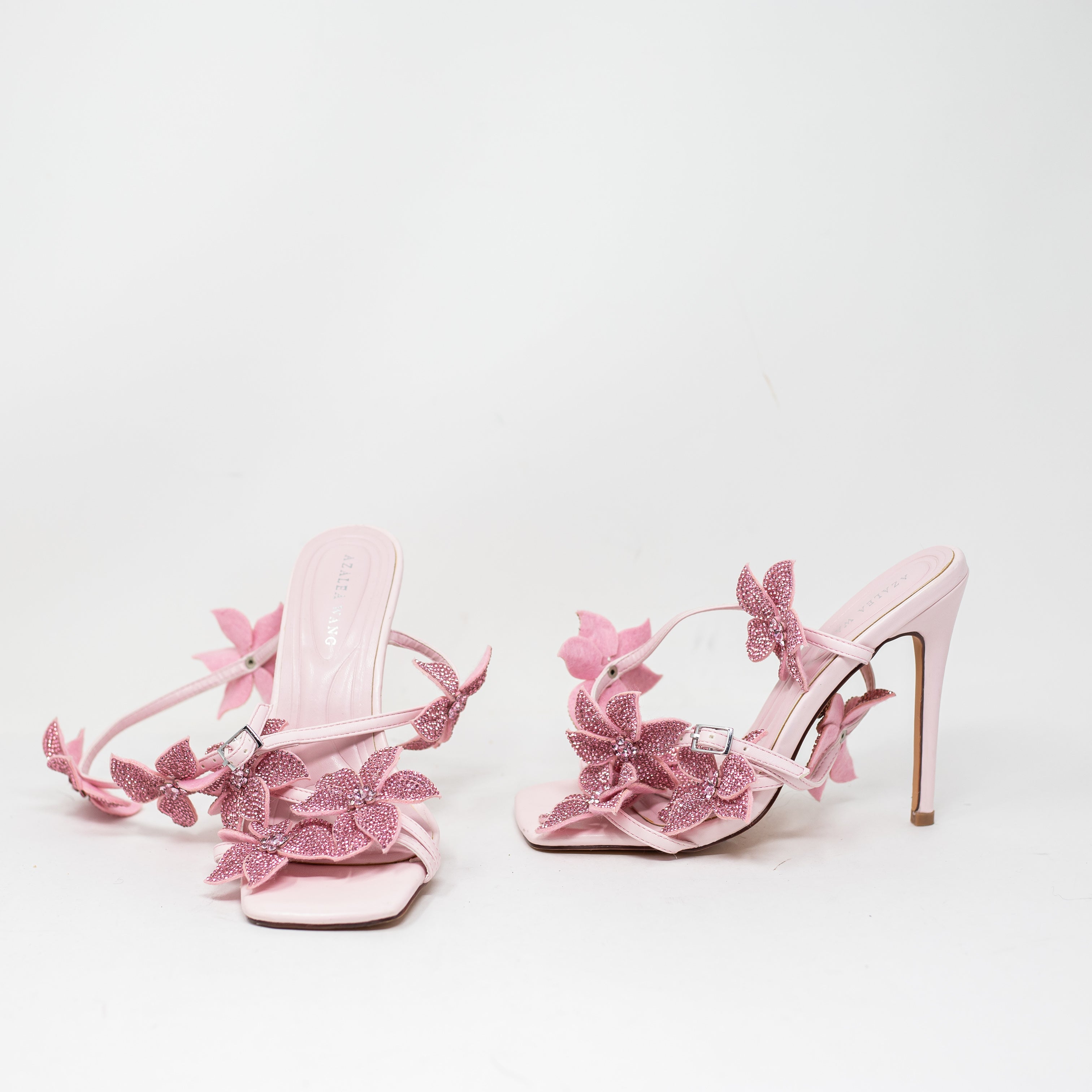 Azalea Wang Romi Stiletto Crystal Rhinestone Floral High Heels Sandals Shoe Pink