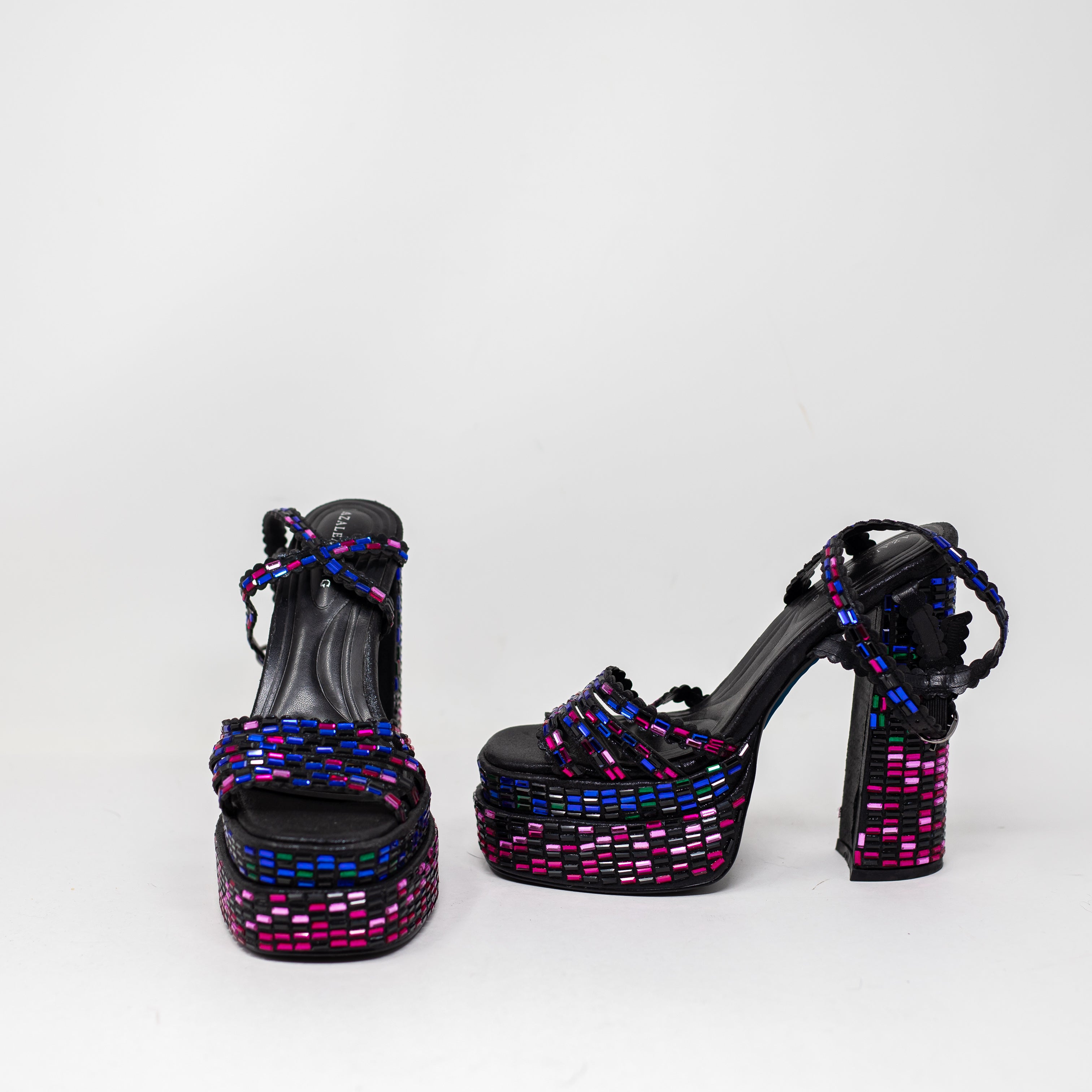 NEW Azalea Wang Birch Rhinestone Embellished Platform Block High Heel Sandals 7