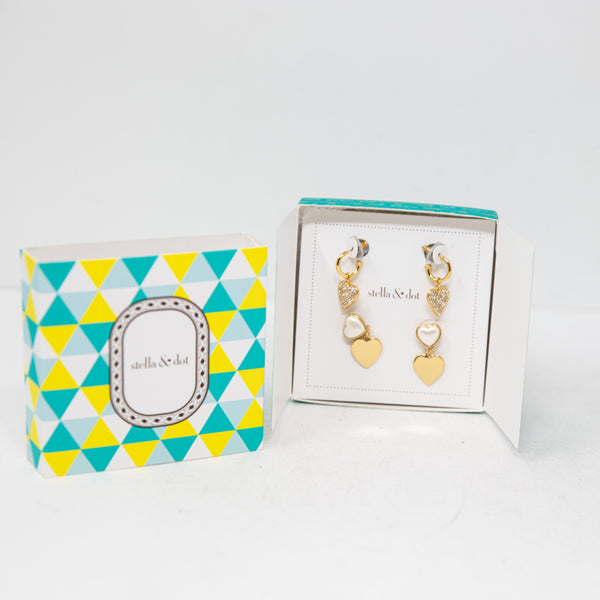 NEW Stella &amp; Dot Hearts Beat As One Faux Gold Crystal Pearl Dangle Earrings