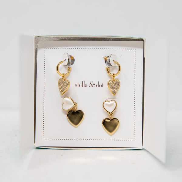 NEW Stella &amp; Dot Hearts Beat As One Faux Gold Crystal Pearl Dangle Earrings