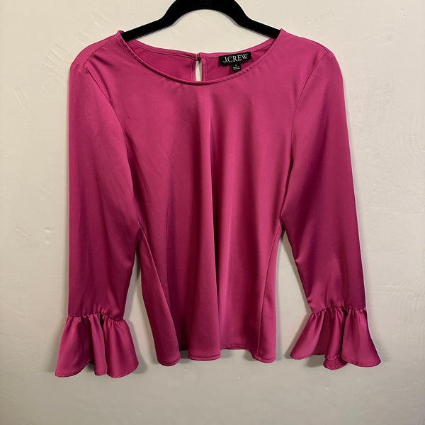 J. Crew Winter Garden Ruffle Bell Sleeve Hot Pink Satin Blouse Shirt Top Small